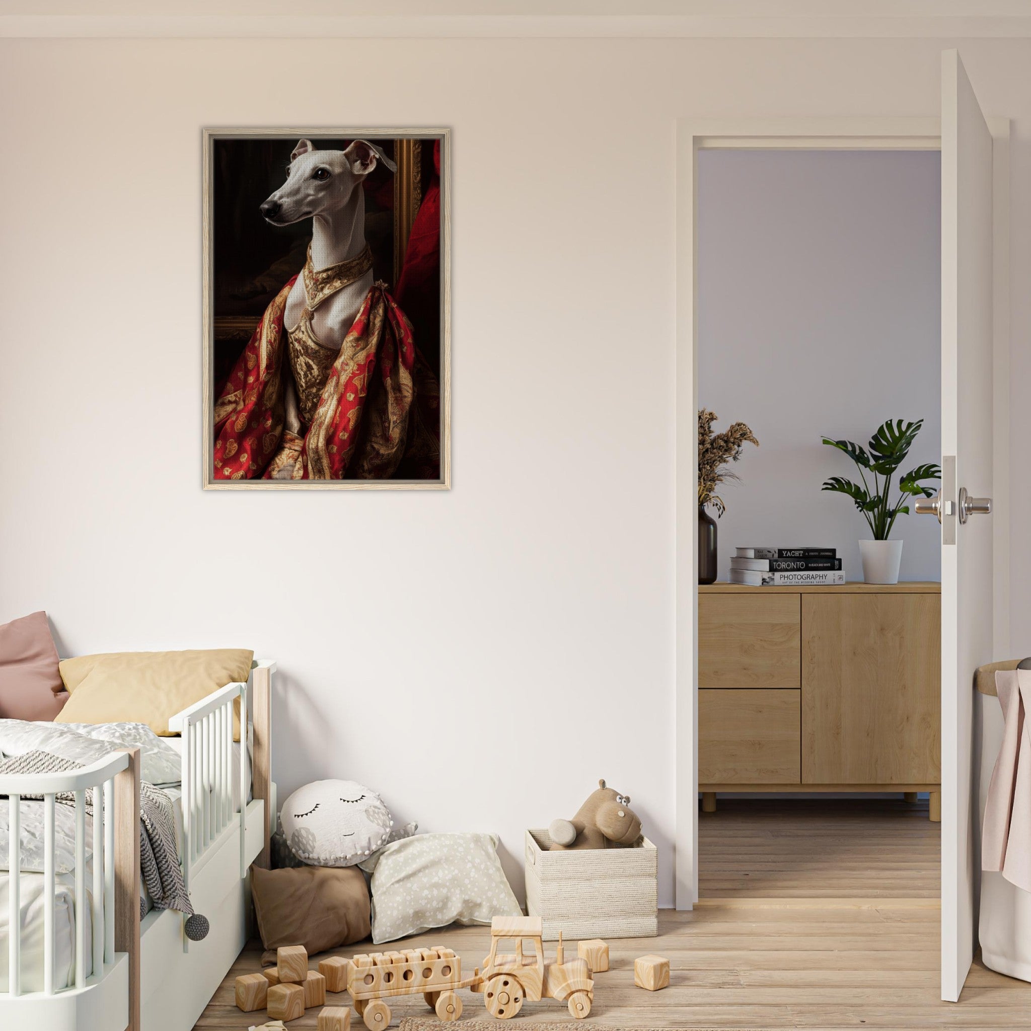 Framed Canvas Portrait - Elegant Baroque Greyhound Portrait A sleek grey - Shop Ai Art WebShop - Digital Art online Store