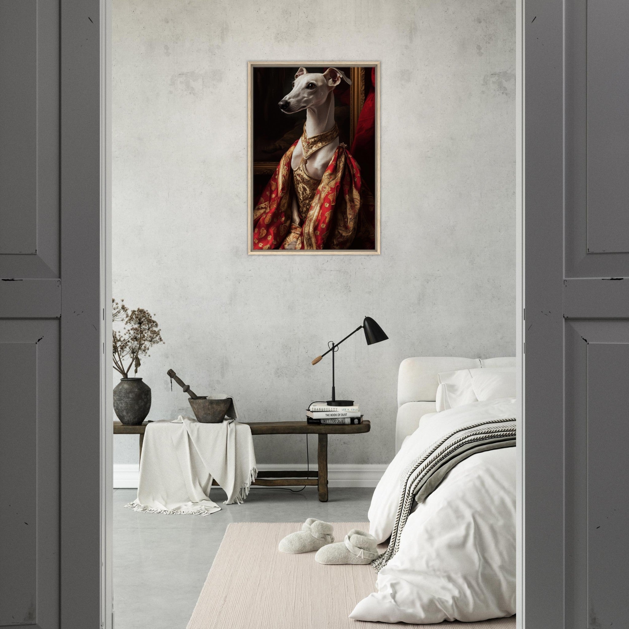 Framed Canvas Portrait - Elegant Baroque Greyhound Portrait A sleek grey - Shop Ai Art WebShop - Digital Art online Store