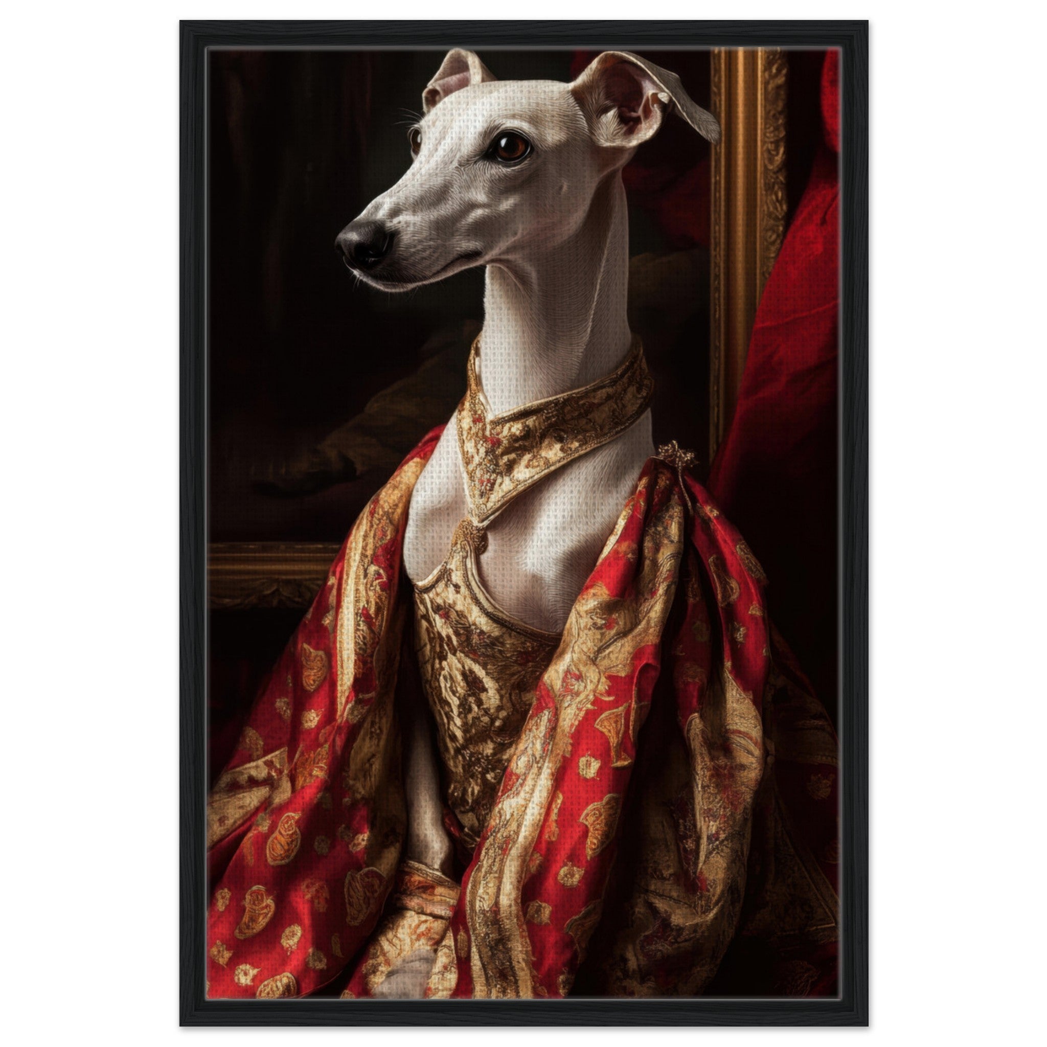 Framed Canvas Portrait - Elegant Baroque Greyhound Portrait A sleek grey - Shop Ai Art WebShop - Digital Art online Store