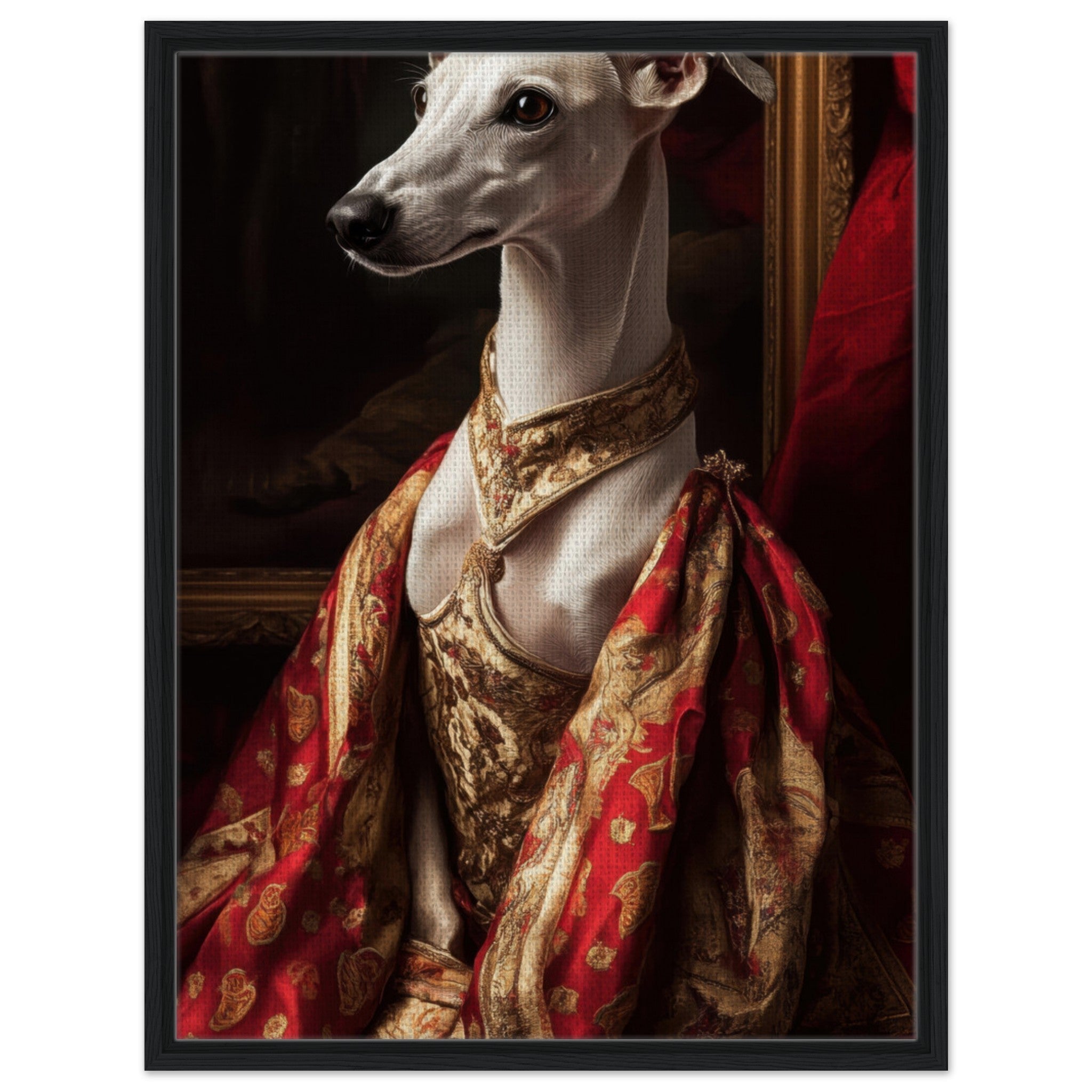 Framed Canvas Portrait - Elegant Baroque Greyhound Portrait A sleek grey - Shop Ai Art WebShop - Digital Art online Store
