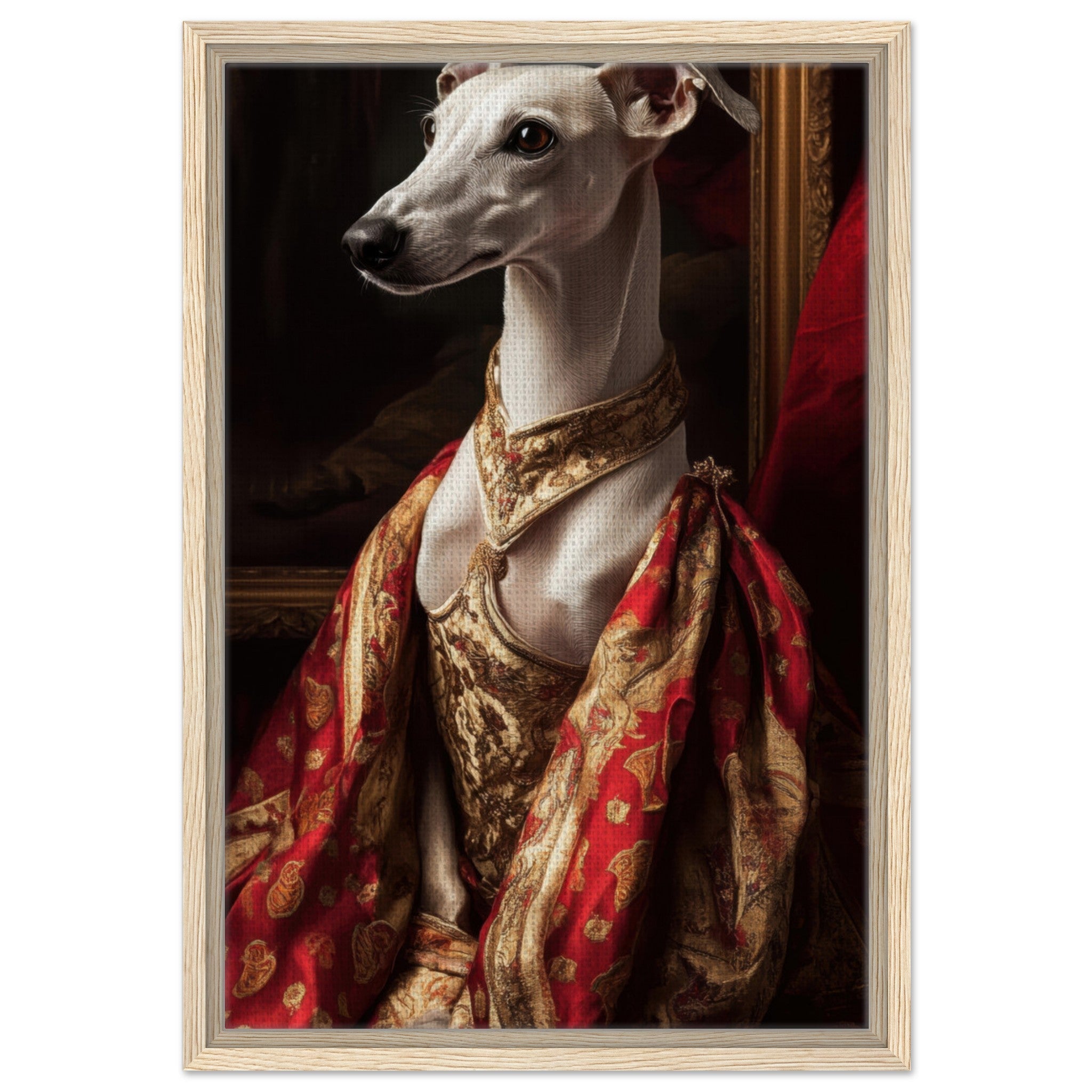 Framed Canvas Portrait - Elegant Baroque Greyhound Portrait A sleek grey - Shop Ai Art WebShop - Digital Art online Store