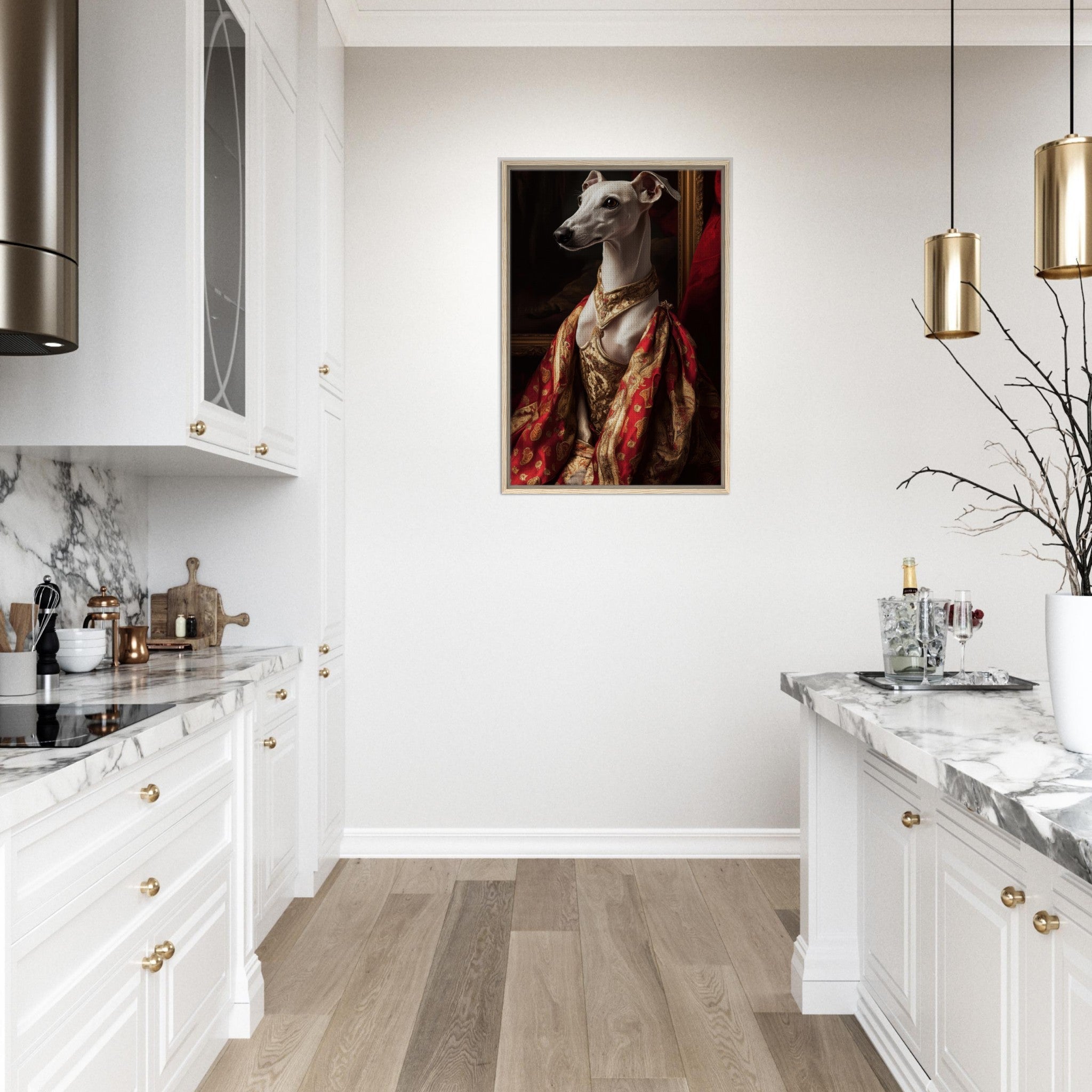 Framed Canvas Portrait - Elegant Baroque Greyhound Portrait A sleek grey - Shop Ai Art WebShop - Digital Art online Store