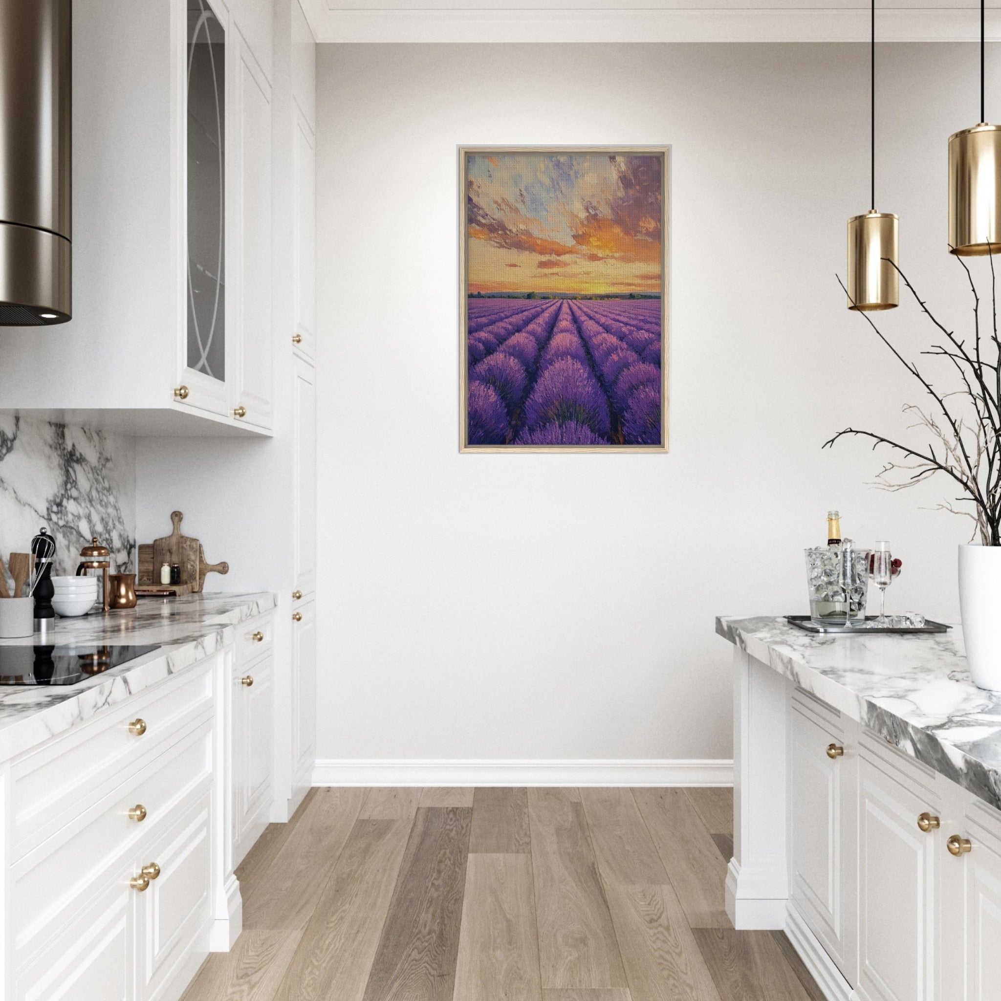 Framed Canvas Portrait - Lavender Fields at Sunset A mesmerizing view - Shop Ai Art WebShop - Digital Art online Store