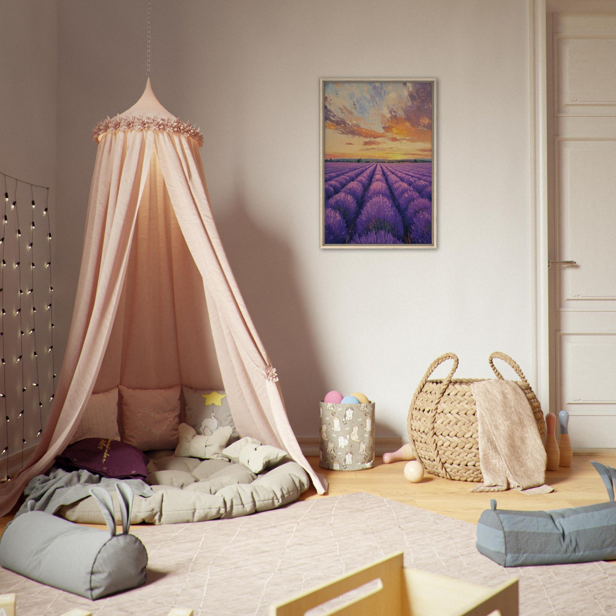 Framed Canvas Portrait - Lavender Fields at Sunset A mesmerizing view - Shop Ai Art WebShop - Digital Art online Store