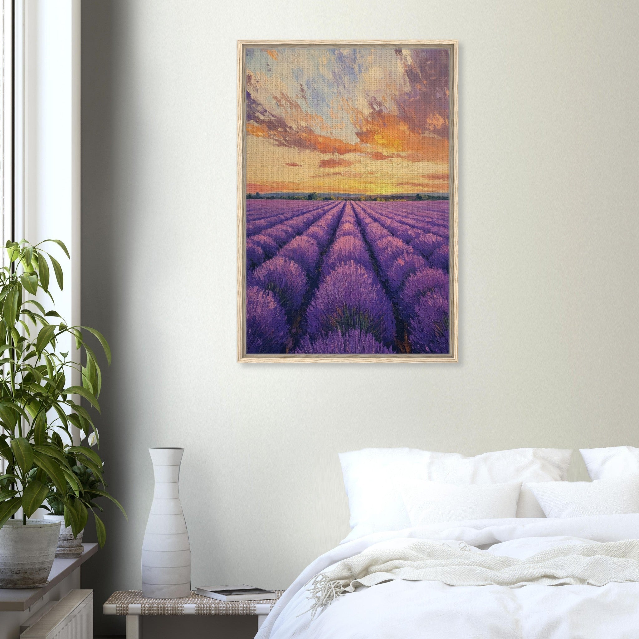 Framed Canvas Portrait - Lavender Fields at Sunset A mesmerizing view - Shop Ai Art WebShop - Digital Art online Store