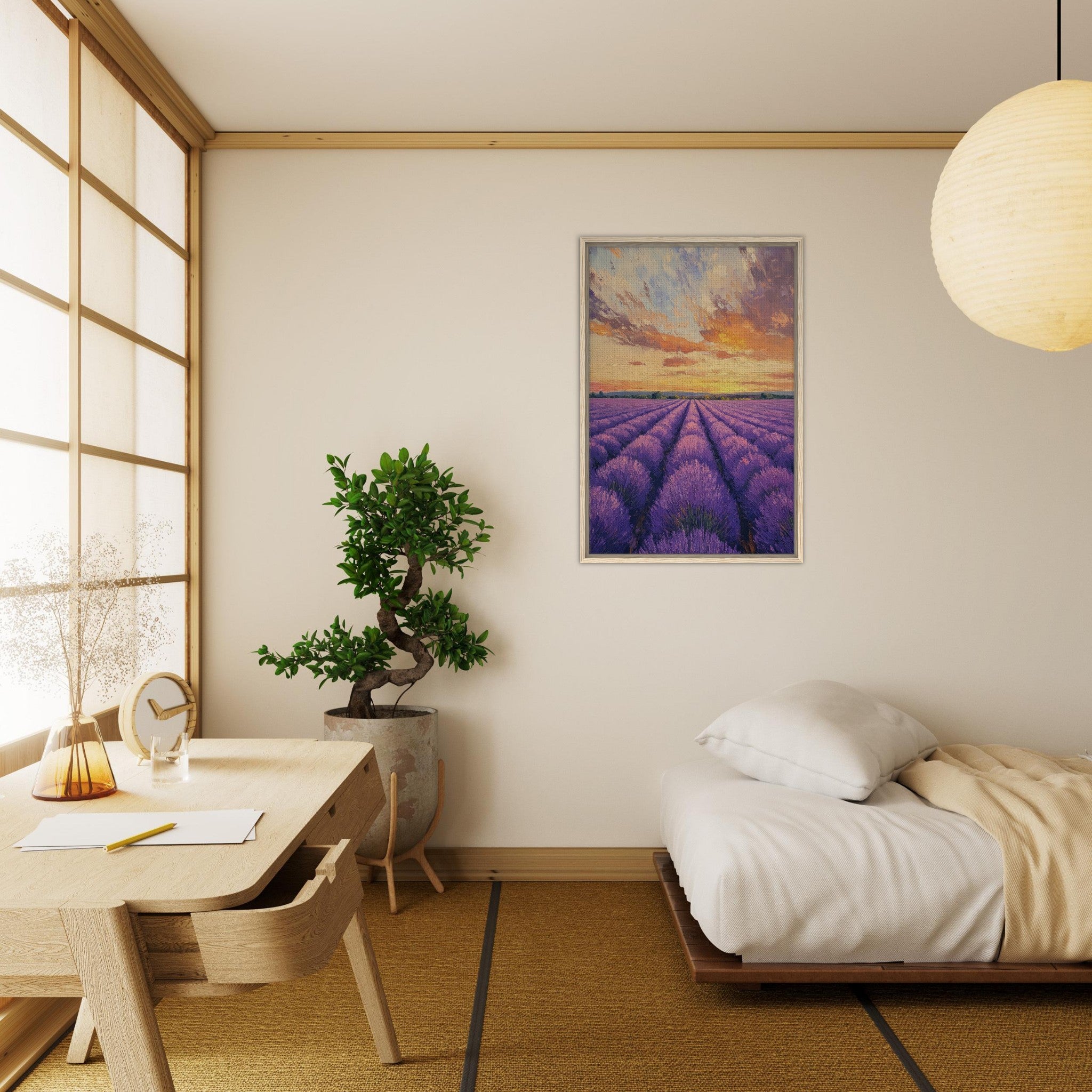 Framed Canvas Portrait - Lavender Fields at Sunset A mesmerizing view - Shop Ai Art WebShop - Digital Art online Store