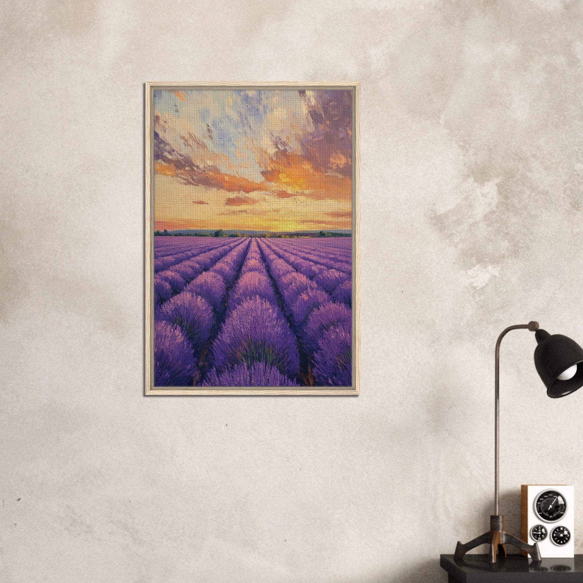 Framed Canvas Portrait - Lavender Fields at Sunset A mesmerizing view - Shop Ai Art WebShop - Digital Art online Store