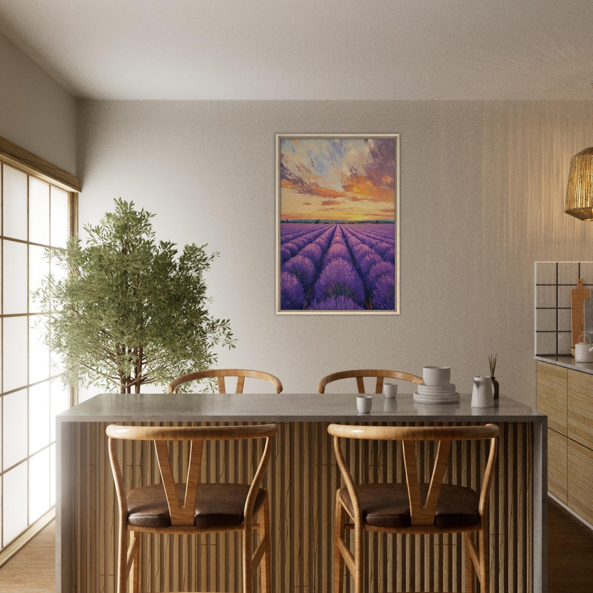 Framed Canvas Portrait - Lavender Fields at Sunset A mesmerizing view - Shop Ai Art WebShop - Digital Art online Store