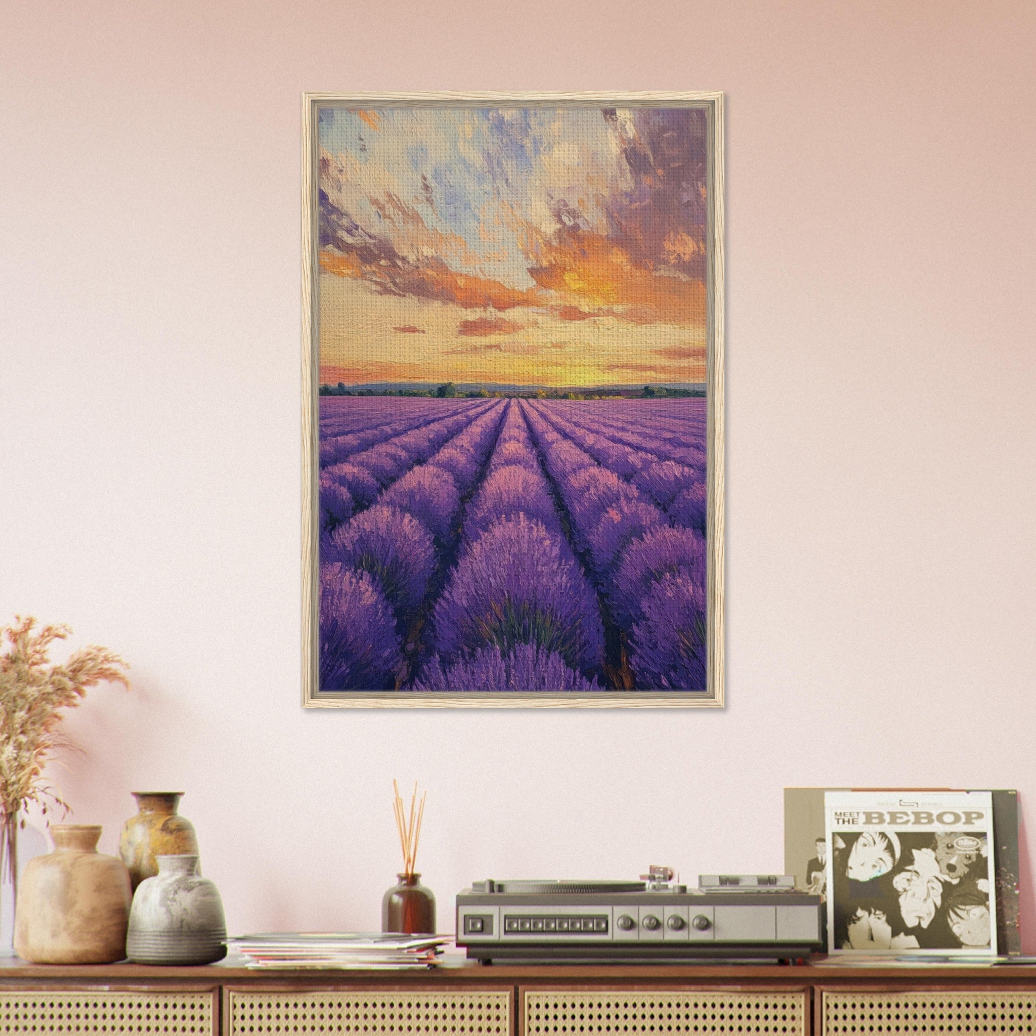 Framed Canvas Portrait - Lavender Fields at Sunset A mesmerizing view - Shop Ai Art WebShop - Digital Art online Store