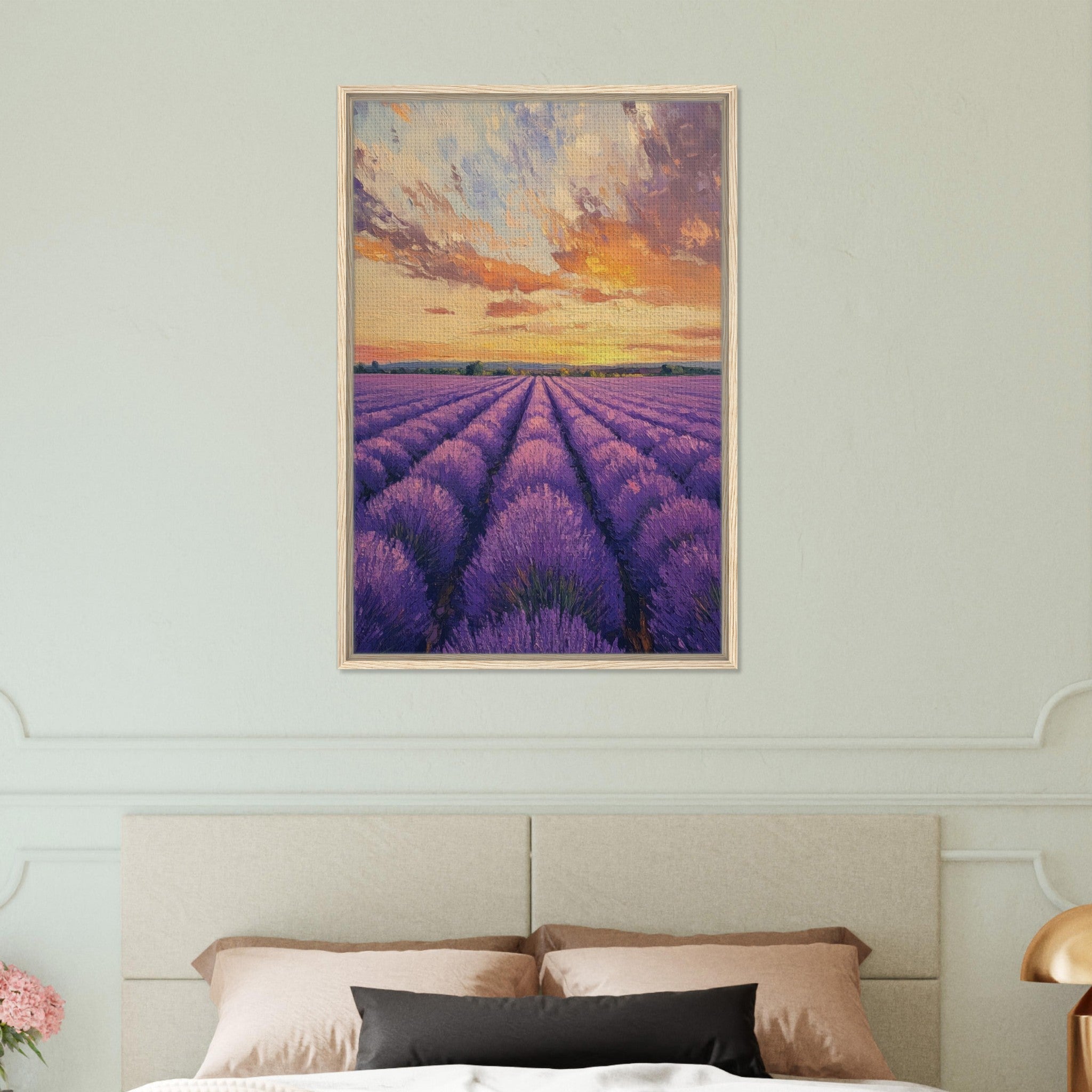 Framed Canvas Portrait - Lavender Fields at Sunset A mesmerizing view - Shop Ai Art WebShop - Digital Art online Store