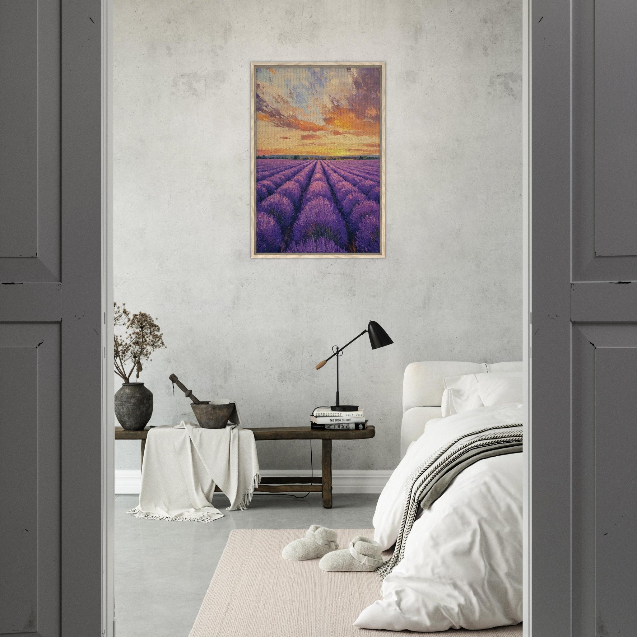 Framed Canvas Portrait - Lavender Fields at Sunset A mesmerizing view - Shop Ai Art WebShop - Digital Art online Store