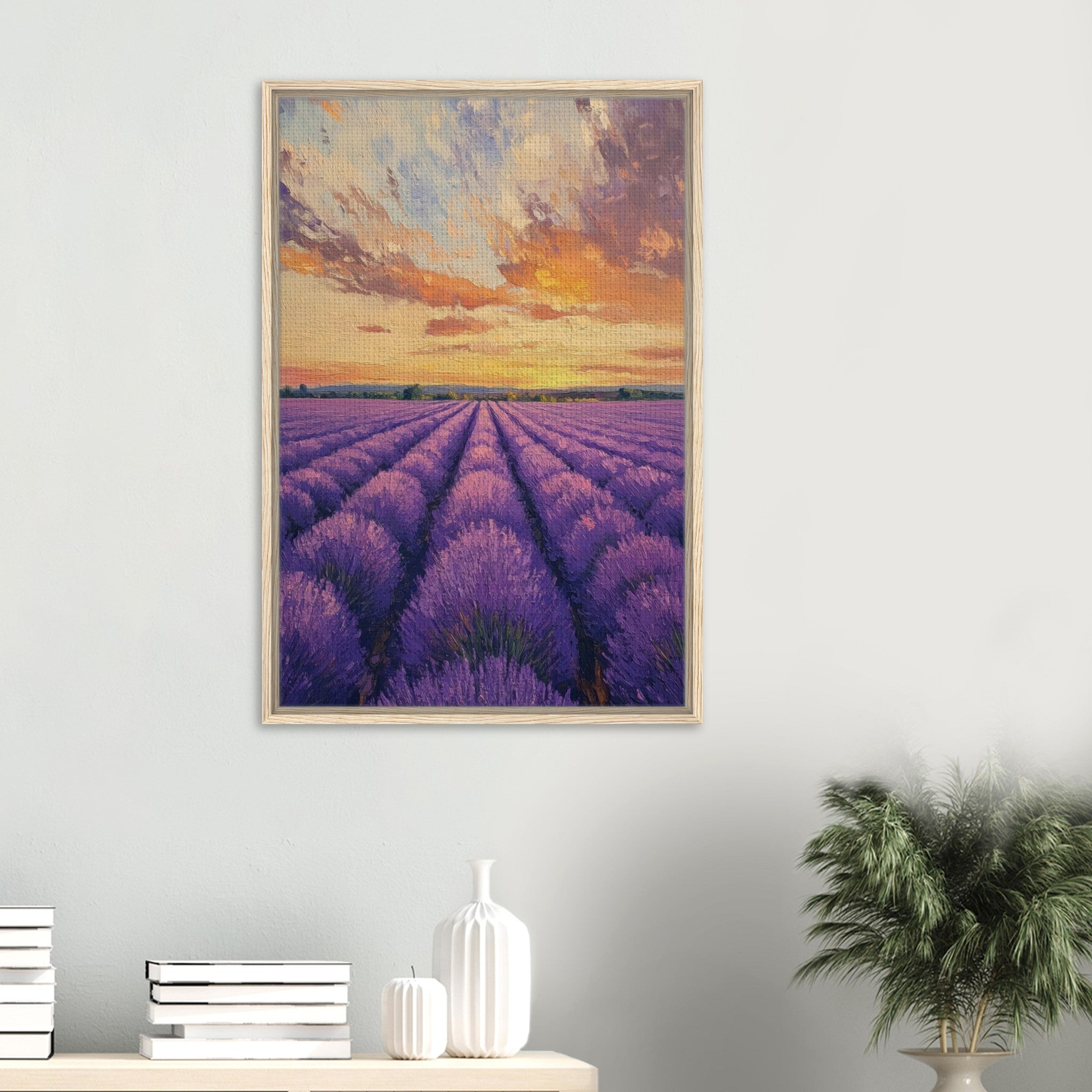 Framed Canvas Portrait - Lavender Fields at Sunset A mesmerizing view - Shop Ai Art WebShop - Digital Art online Store