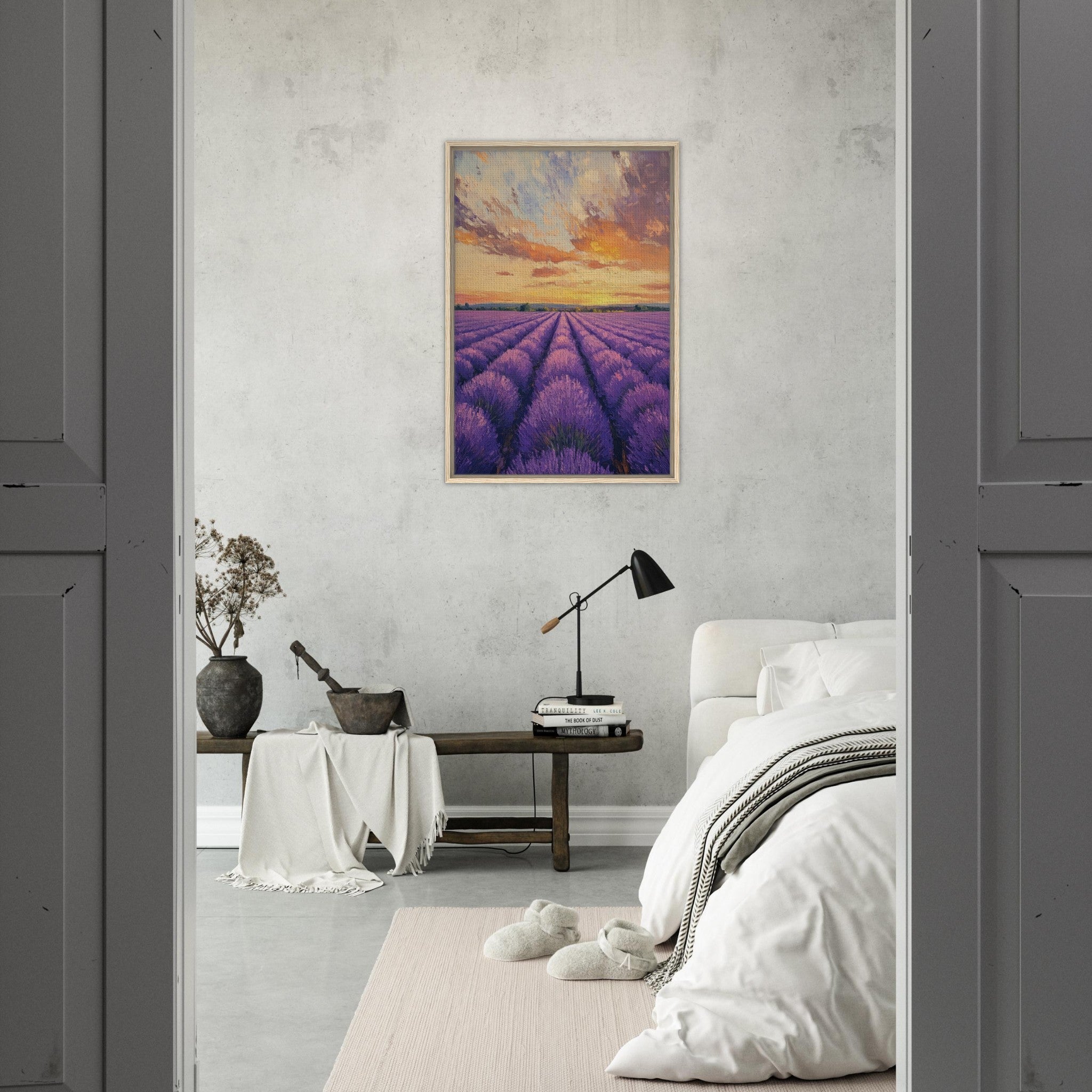 Framed Canvas Portrait - Lavender Fields at Sunset A mesmerizing view - Shop Ai Art WebShop - Digital Art online Store