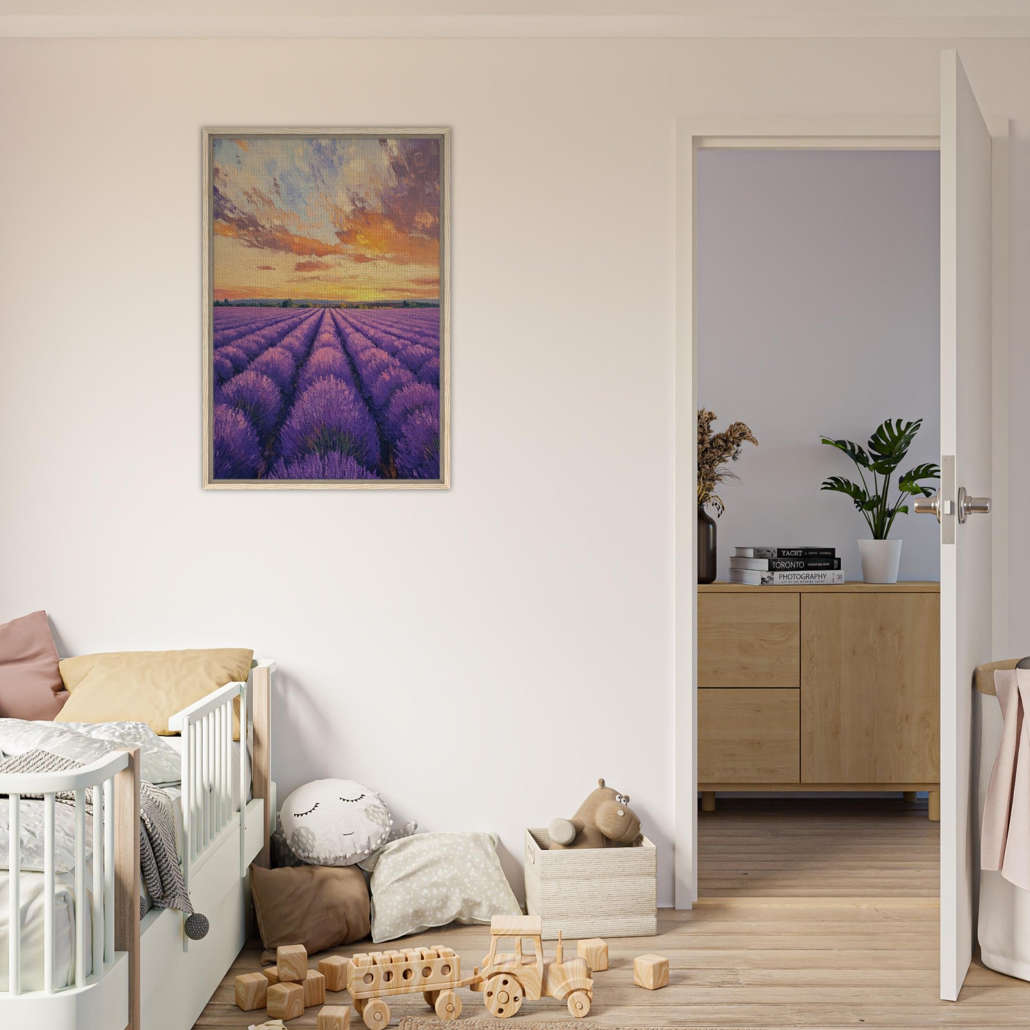 Framed Canvas Portrait - Lavender Fields at Sunset A mesmerizing view - Shop Ai Art WebShop - Digital Art online Store