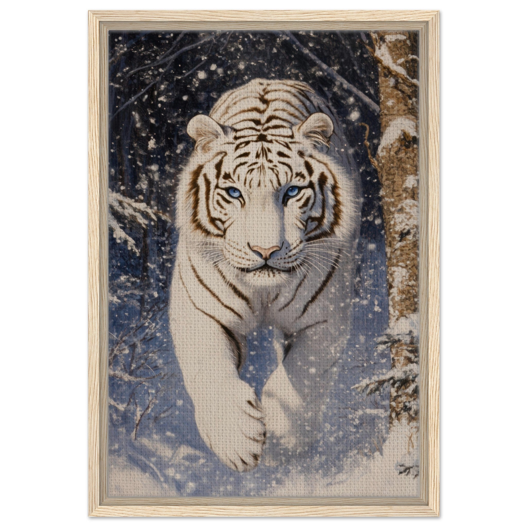 Framed Canvas Portrait - Majestic White Tiger in a Snowy Forest A powerful - Shop Ai Art WebShop - Digital Art online Store