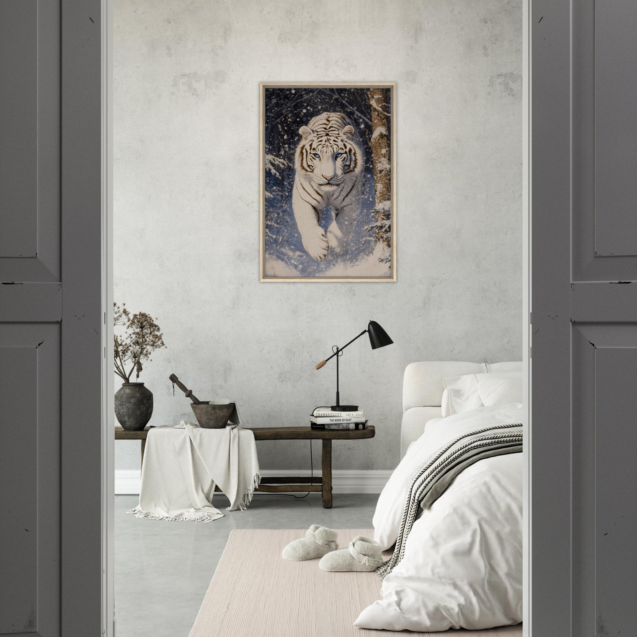 Framed Canvas Portrait - Majestic White Tiger in a Snowy Forest A powerful - Shop Ai Art WebShop - Digital Art online Store