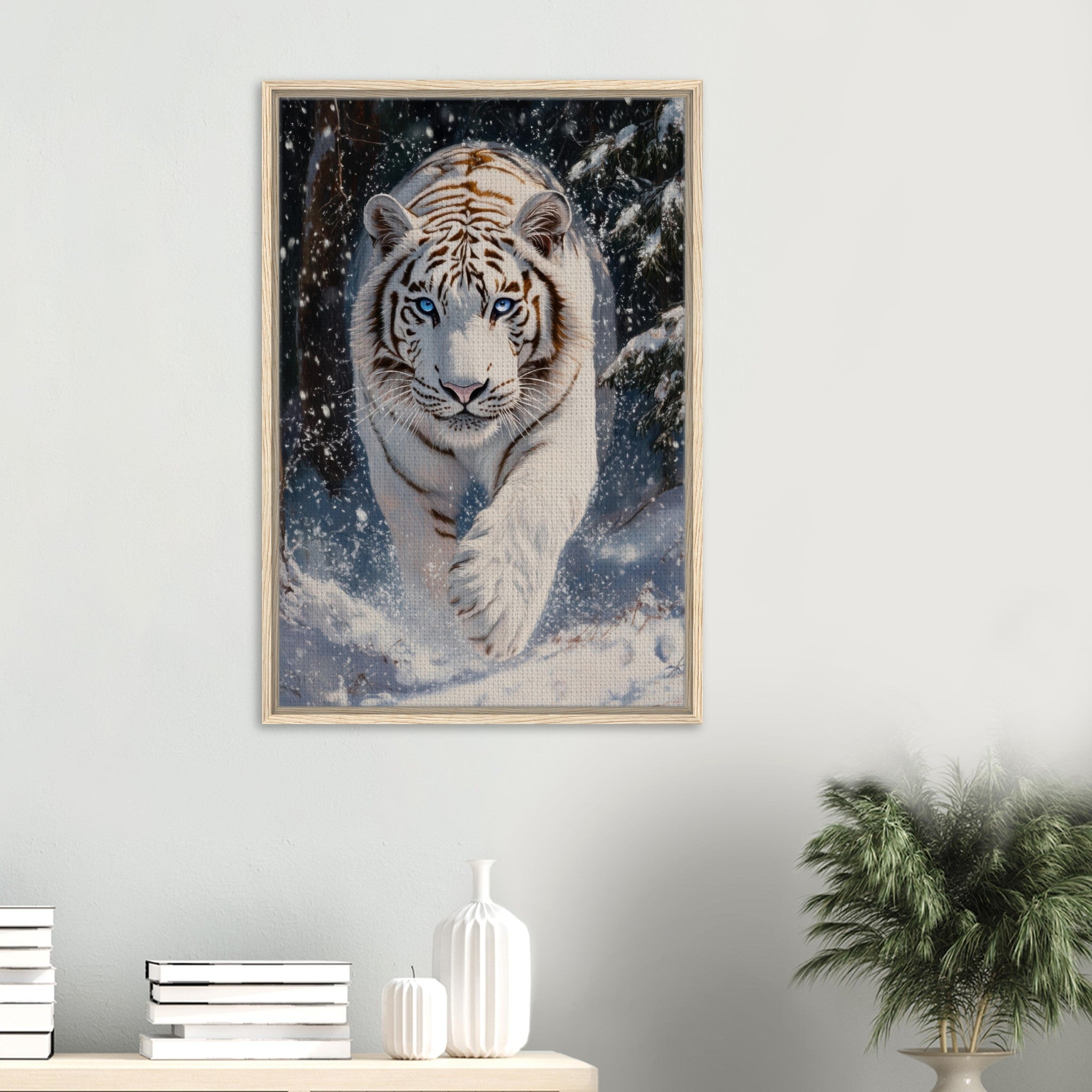 Framed Canvas Portrait - Majestic White Tiger in a Snowy Forest A powerful 3 - Shop Ai Art WebShop - Digital Art online Store