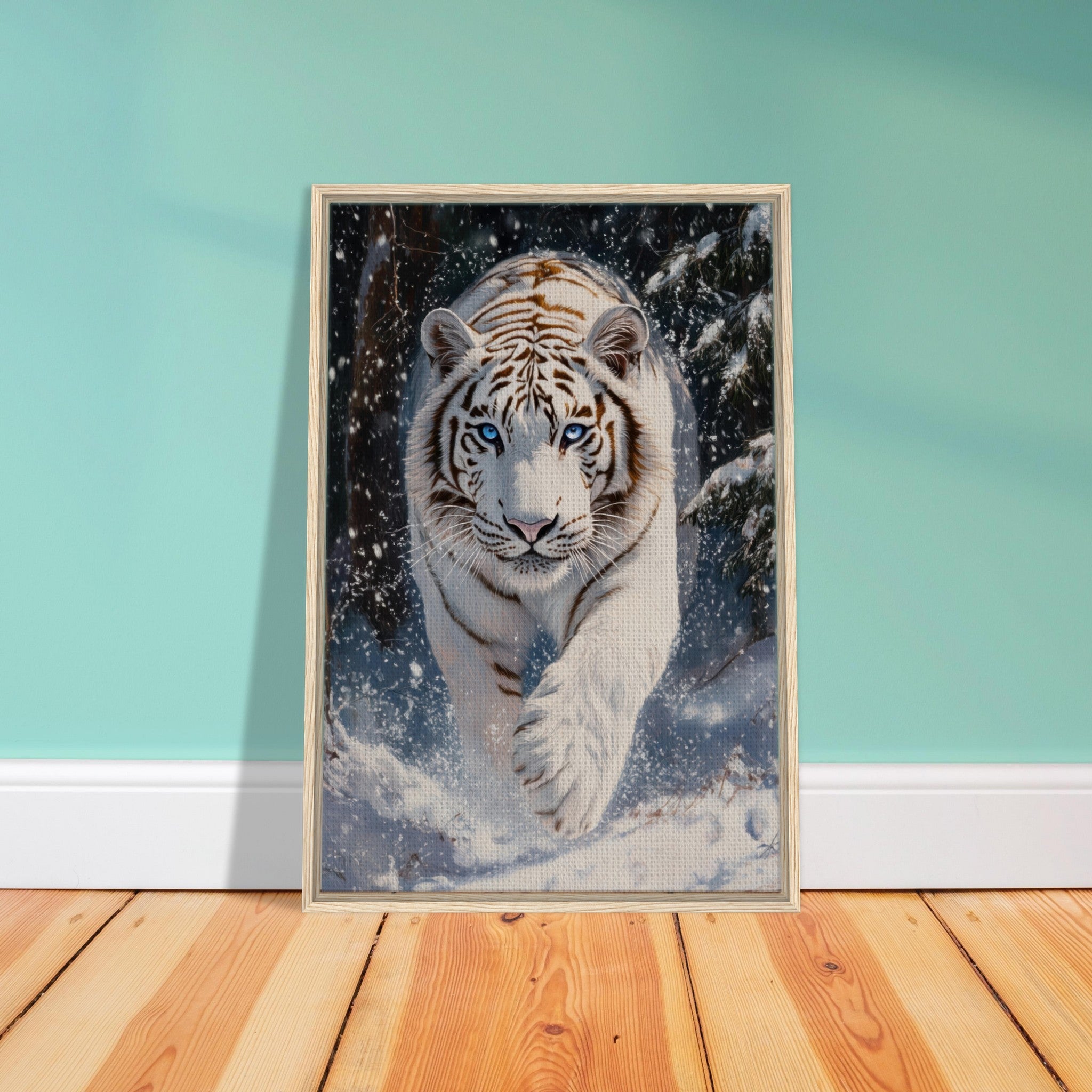 Framed Canvas Portrait - Majestic White Tiger in a Snowy Forest A powerful 3 - Shop Ai Art WebShop - Digital Art online Store