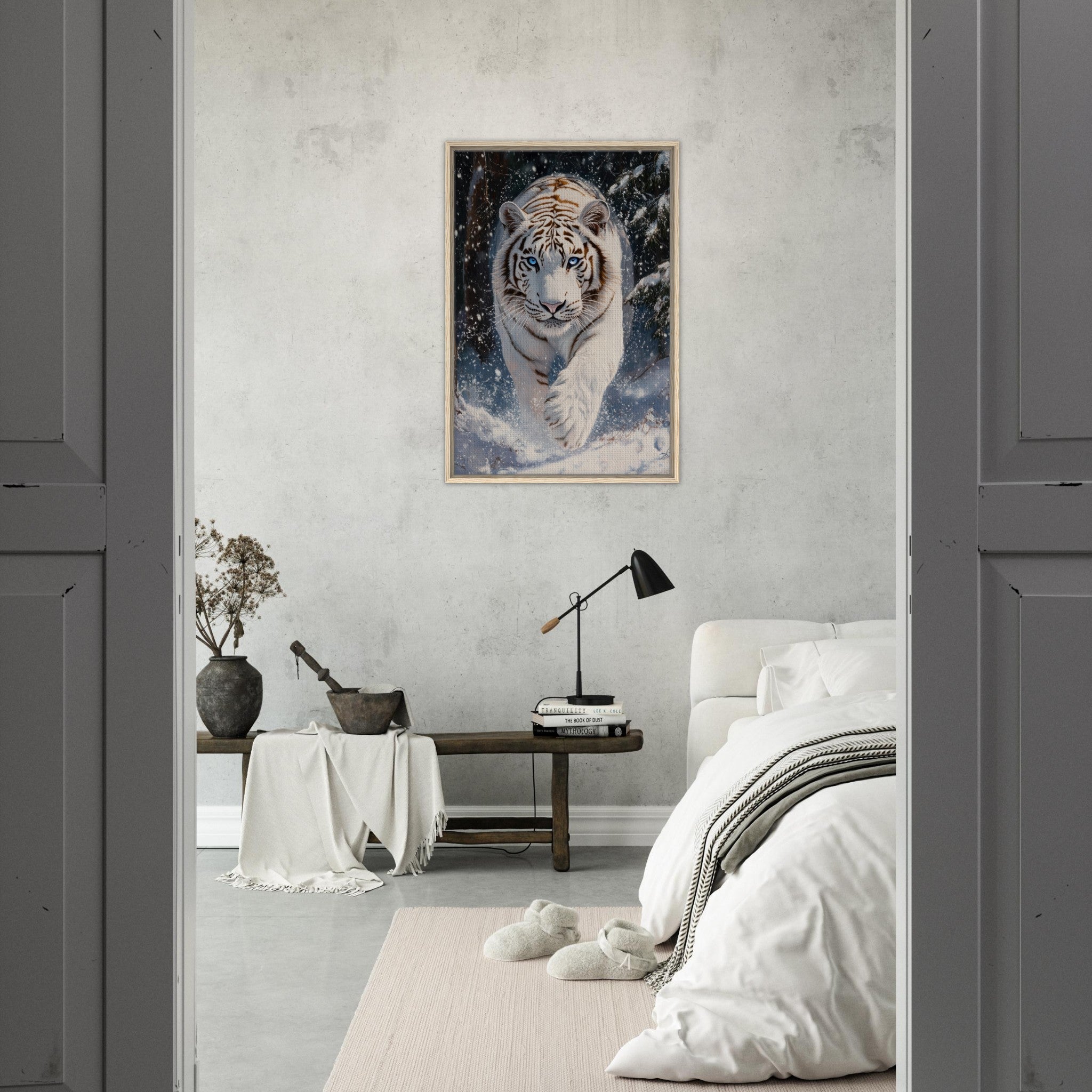 Framed Canvas Portrait - Majestic White Tiger in a Snowy Forest A powerful 3 - Shop Ai Art WebShop - Digital Art online Store