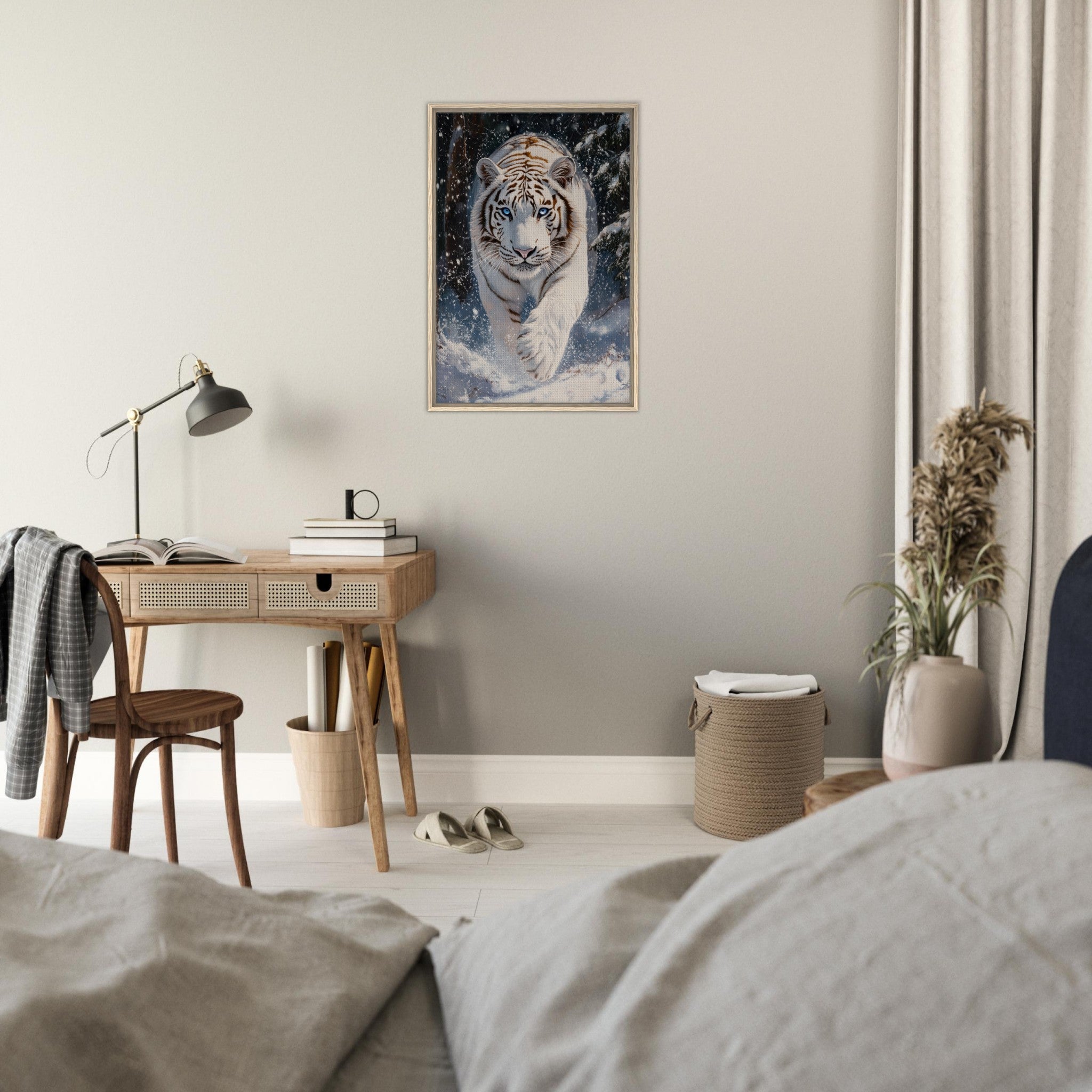 Framed Canvas Portrait - Majestic White Tiger in a Snowy Forest A powerful 3 - Shop Ai Art WebShop - Digital Art online Store