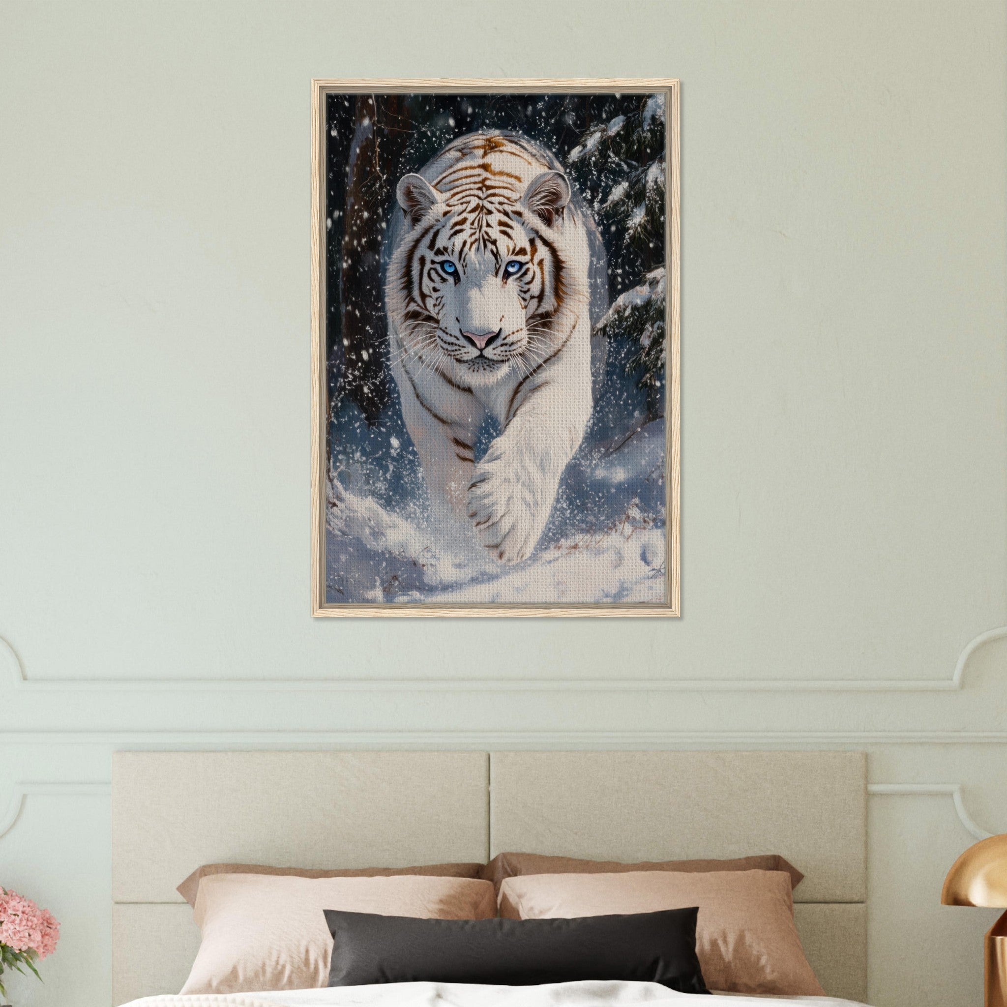 Framed Canvas Portrait - Majestic White Tiger in a Snowy Forest A powerful 3 - Shop Ai Art WebShop - Digital Art online Store