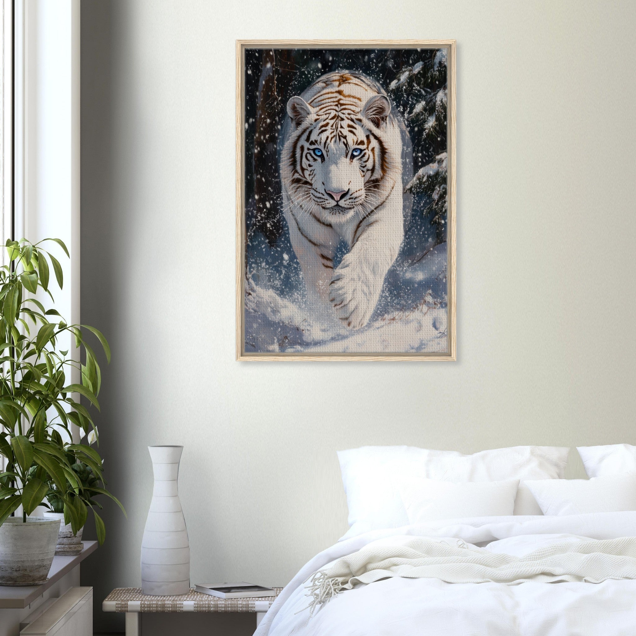Framed Canvas Portrait - Majestic White Tiger in a Snowy Forest A powerful 3 - Shop Ai Art WebShop - Digital Art online Store