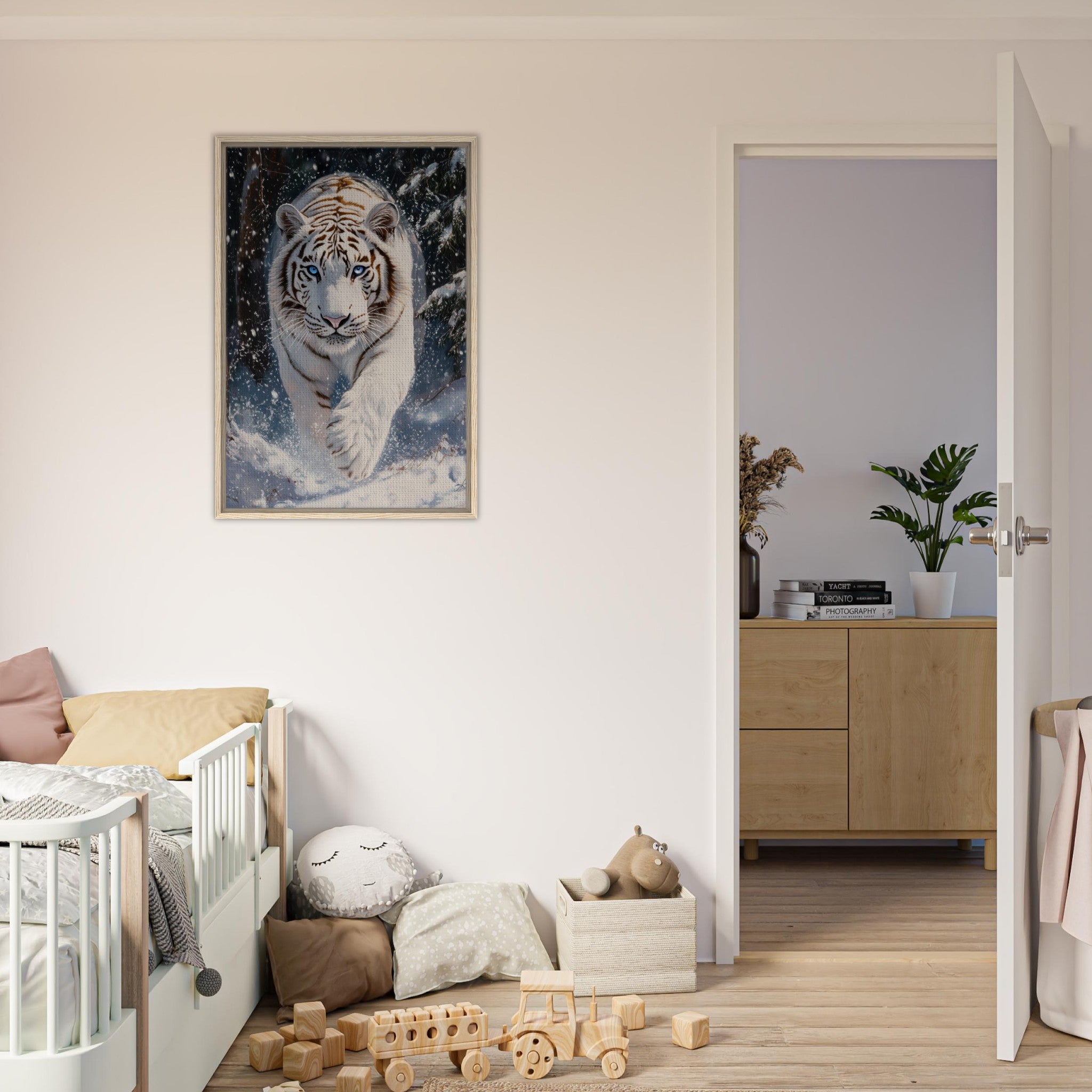 Framed Canvas Portrait - Majestic White Tiger in a Snowy Forest A powerful 3 - Shop Ai Art WebShop - Digital Art online Store