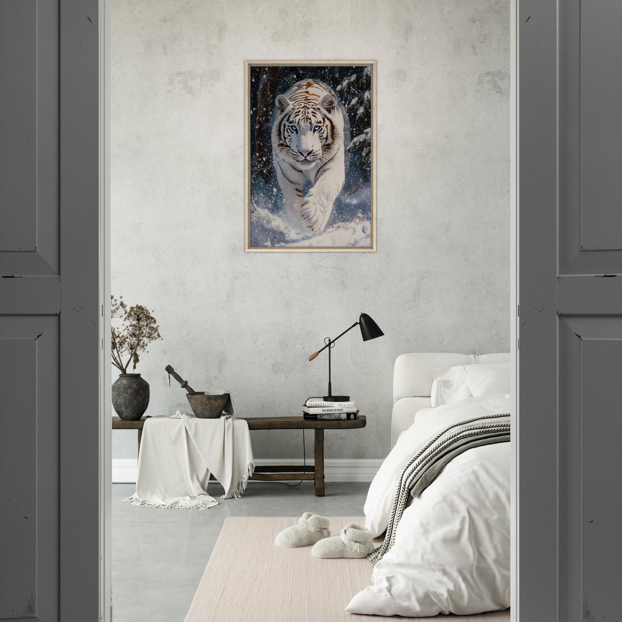 Framed Canvas Portrait - Majestic White Tiger in a Snowy Forest A powerful 3 - Shop Ai Art WebShop - Digital Art online Store