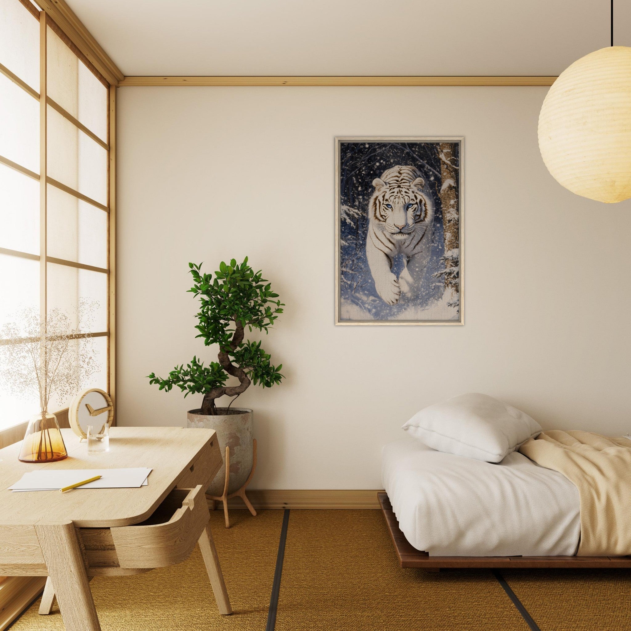 Framed Canvas Portrait - Majestic White Tiger in a Snowy Forest A powerful - Shop Ai Art WebShop - Digital Art online Store