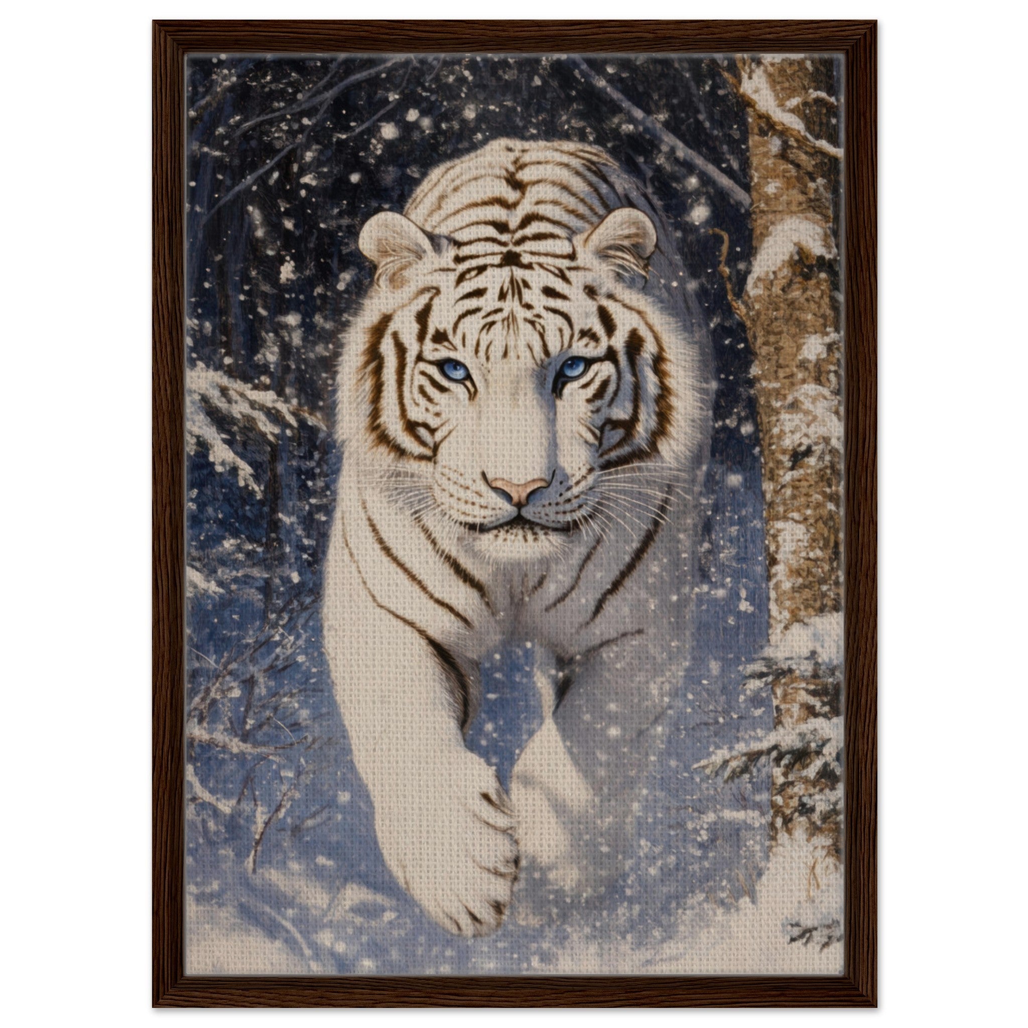 Framed Canvas Portrait - Majestic White Tiger in a Snowy Forest A powerful - Shop Ai Art WebShop - Digital Art online Store