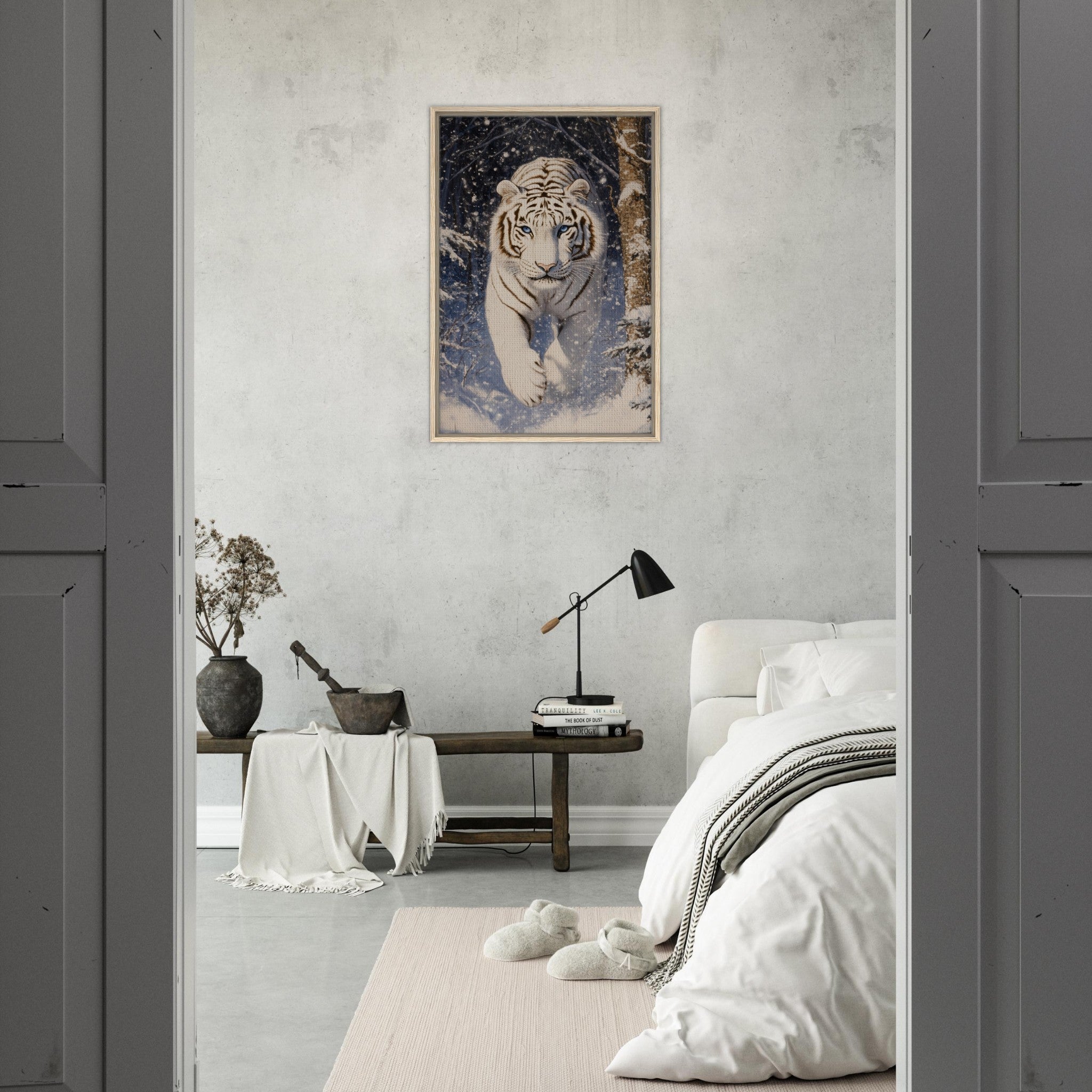 Framed Canvas Portrait - Majestic White Tiger in a Snowy Forest A powerful - Shop Ai Art WebShop - Digital Art online Store