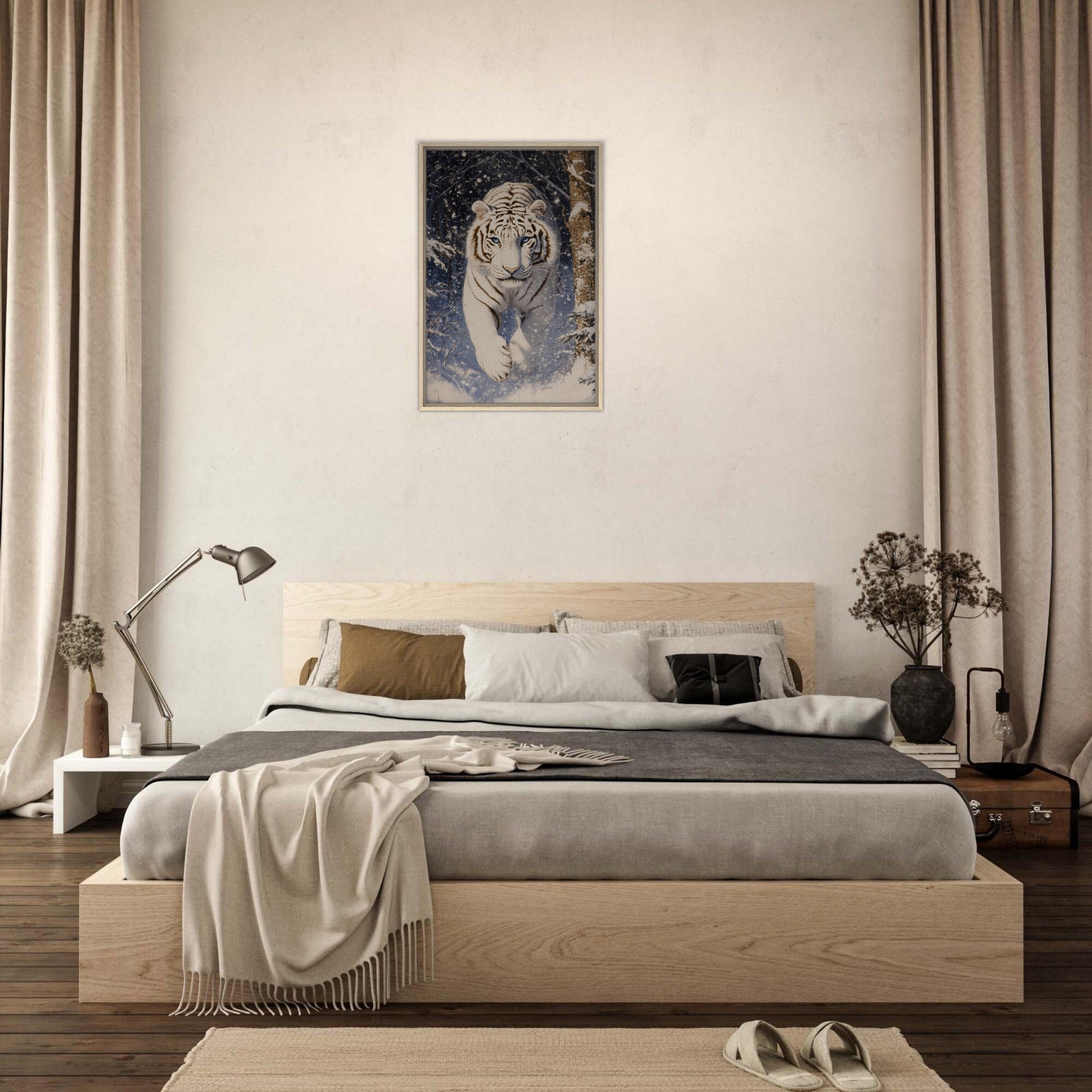 Framed Canvas Portrait - Majestic White Tiger in a Snowy Forest A powerful - Shop Ai Art WebShop - Digital Art online Store