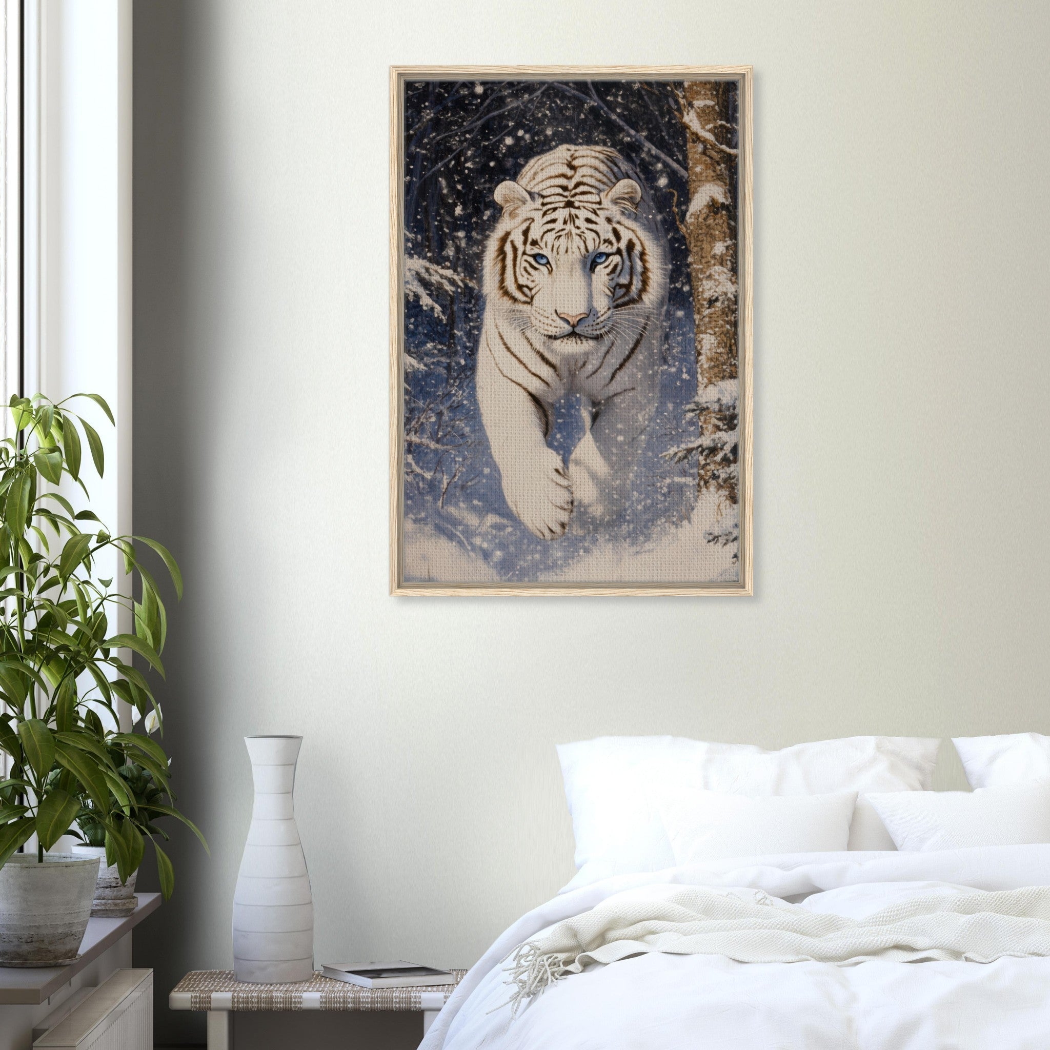 Framed Canvas Portrait - Majestic White Tiger in a Snowy Forest A powerful - Shop Ai Art WebShop - Digital Art online Store