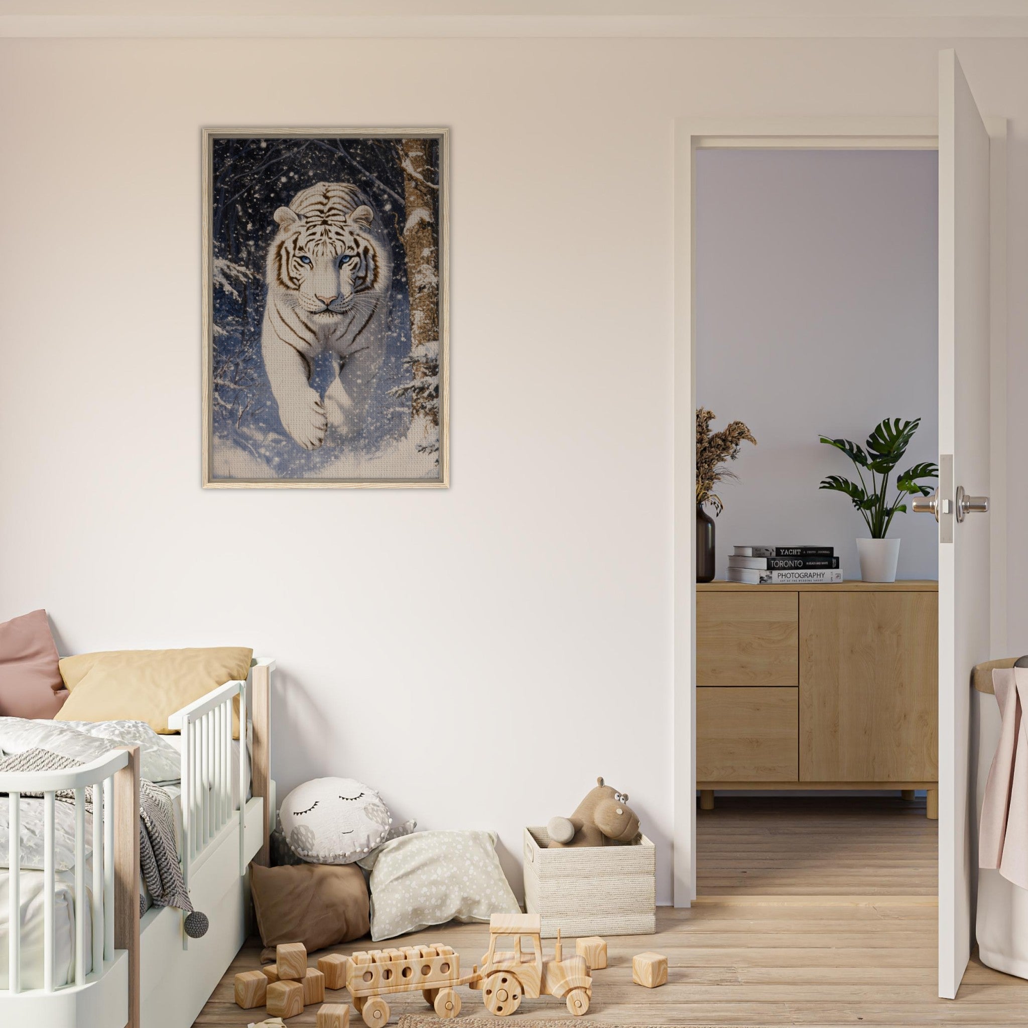 Framed Canvas Portrait - Majestic White Tiger in a Snowy Forest A powerful - Shop Ai Art WebShop - Digital Art online Store