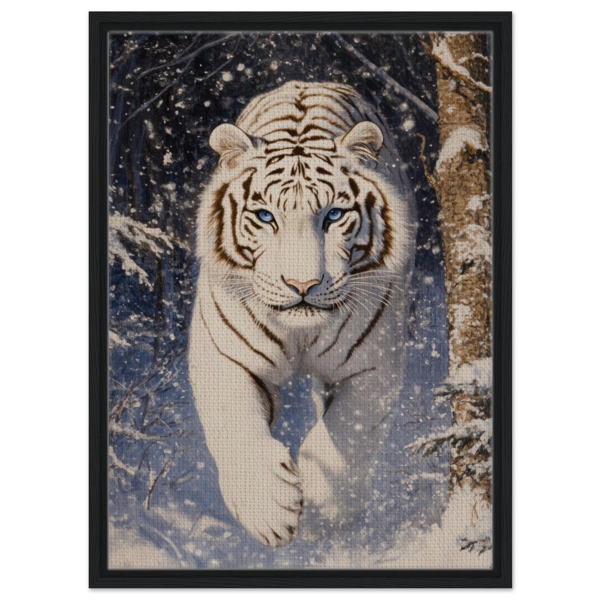 Framed Canvas Portrait - Majestic White Tiger in a Snowy Forest A powerful - Shop Ai Art WebShop - Digital Art online Store