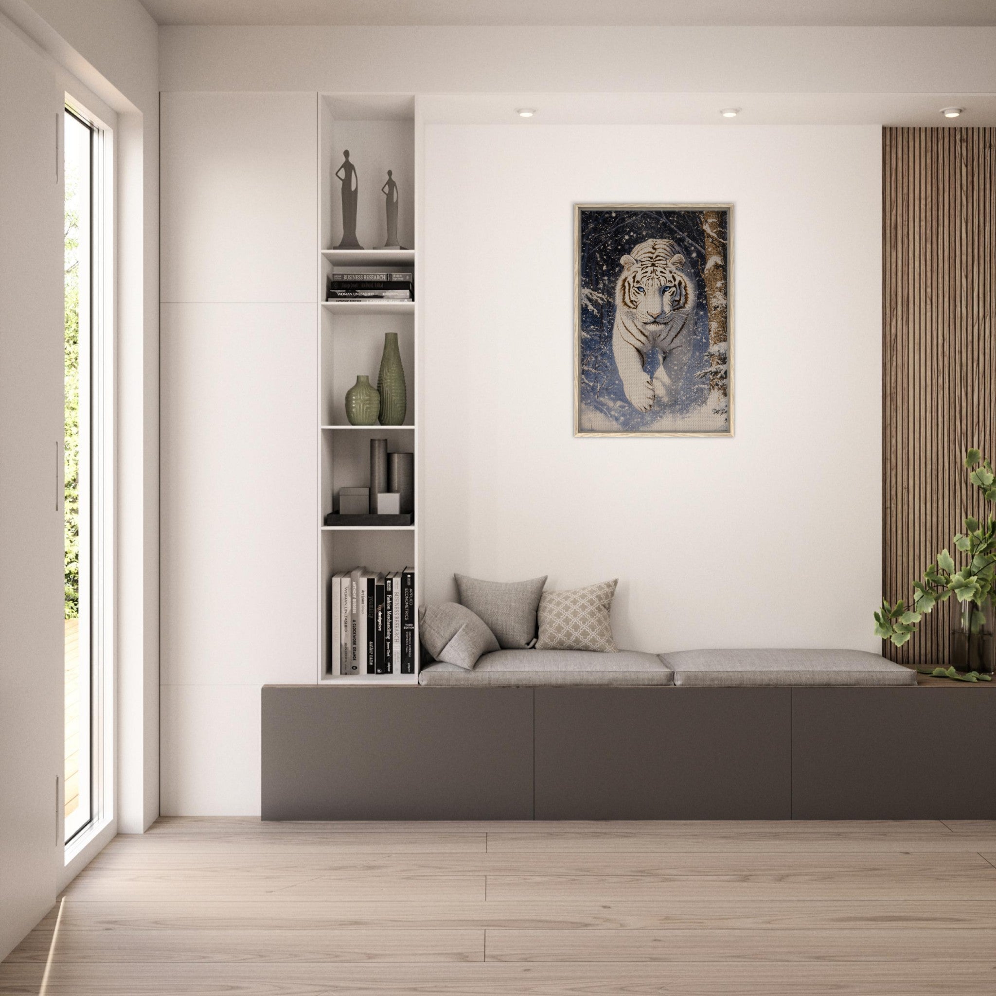 Framed Canvas Portrait - Majestic White Tiger in a Snowy Forest A powerful - Shop Ai Art WebShop - Digital Art online Store