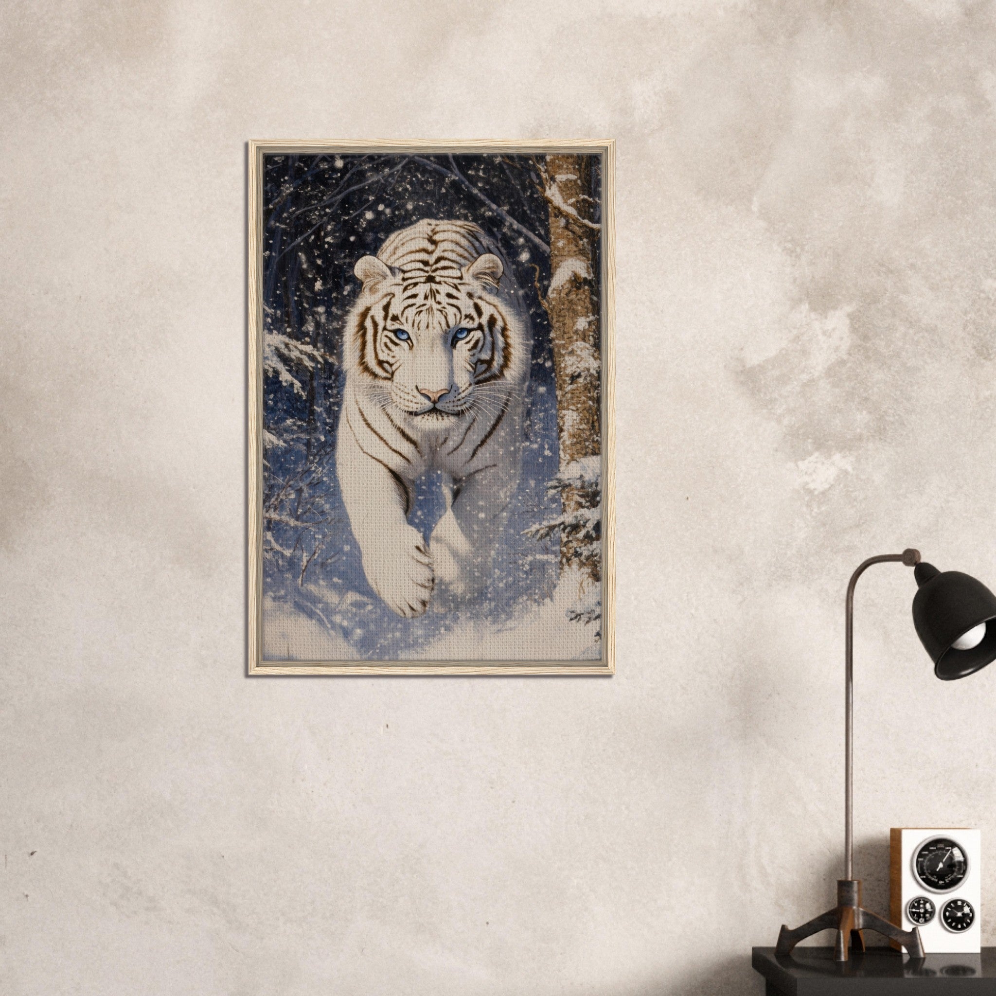 Framed Canvas Portrait - Majestic White Tiger in a Snowy Forest A powerful - Shop Ai Art WebShop - Digital Art online Store
