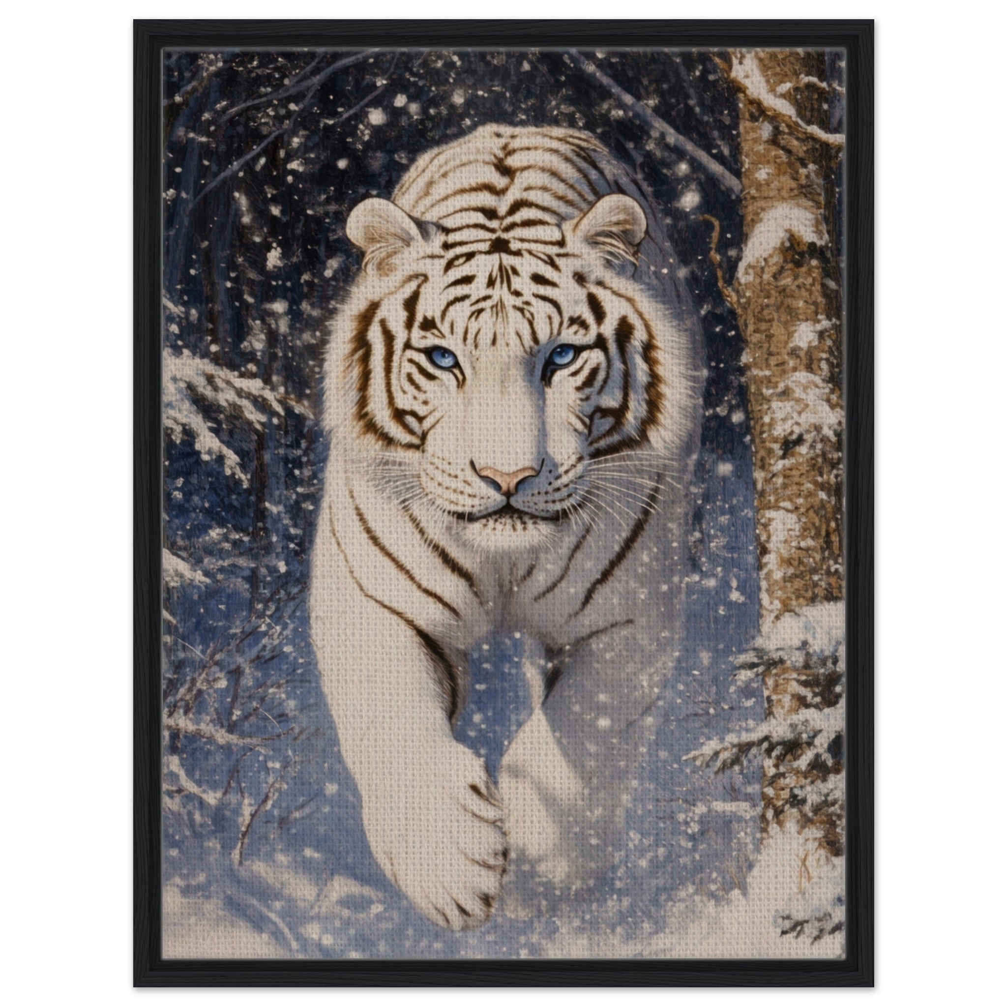 Framed Canvas Portrait - Majestic White Tiger in a Snowy Forest A powerful - Shop Ai Art WebShop - Digital Art online Store