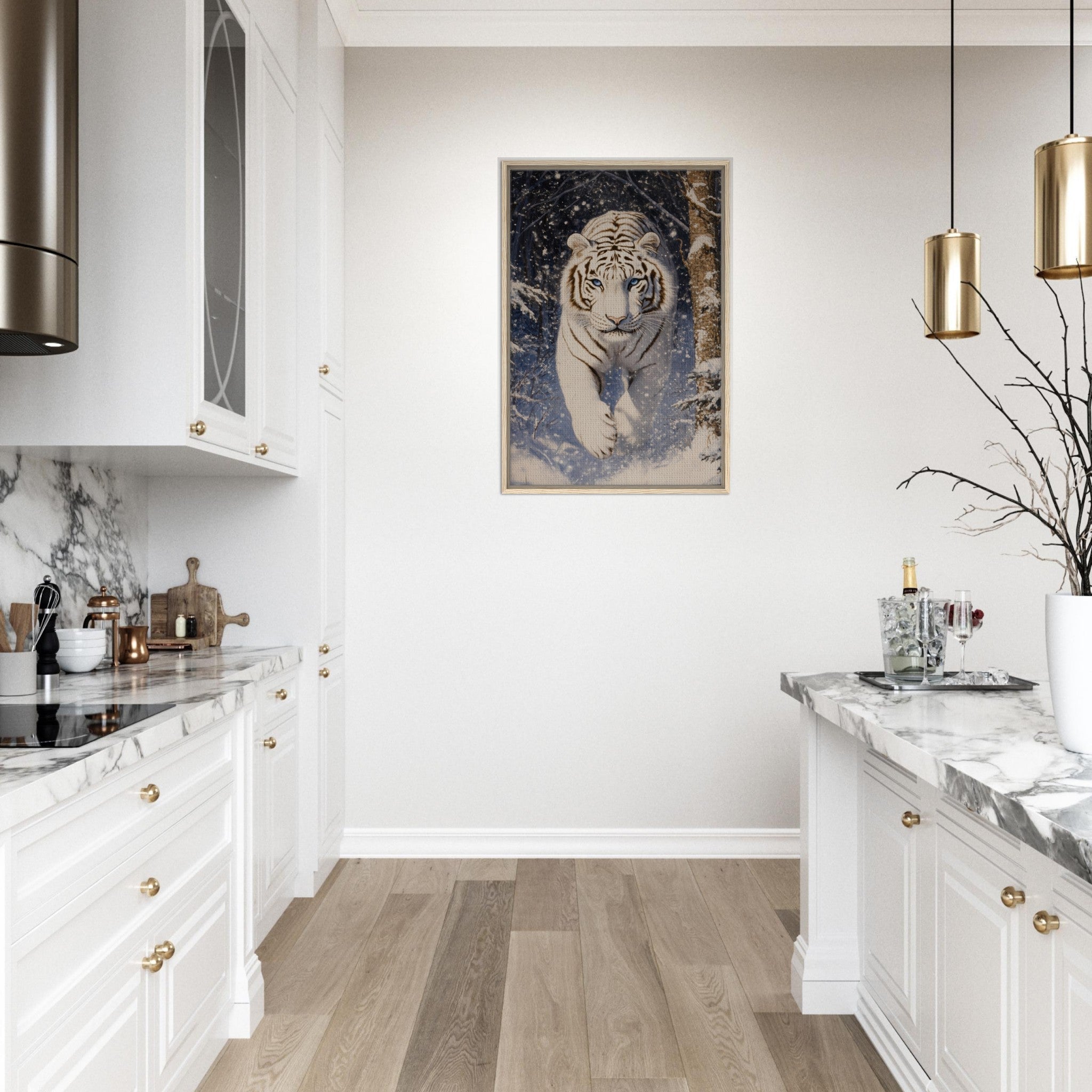 Framed Canvas Portrait - Majestic White Tiger in a Snowy Forest A powerful - Shop Ai Art WebShop - Digital Art online Store