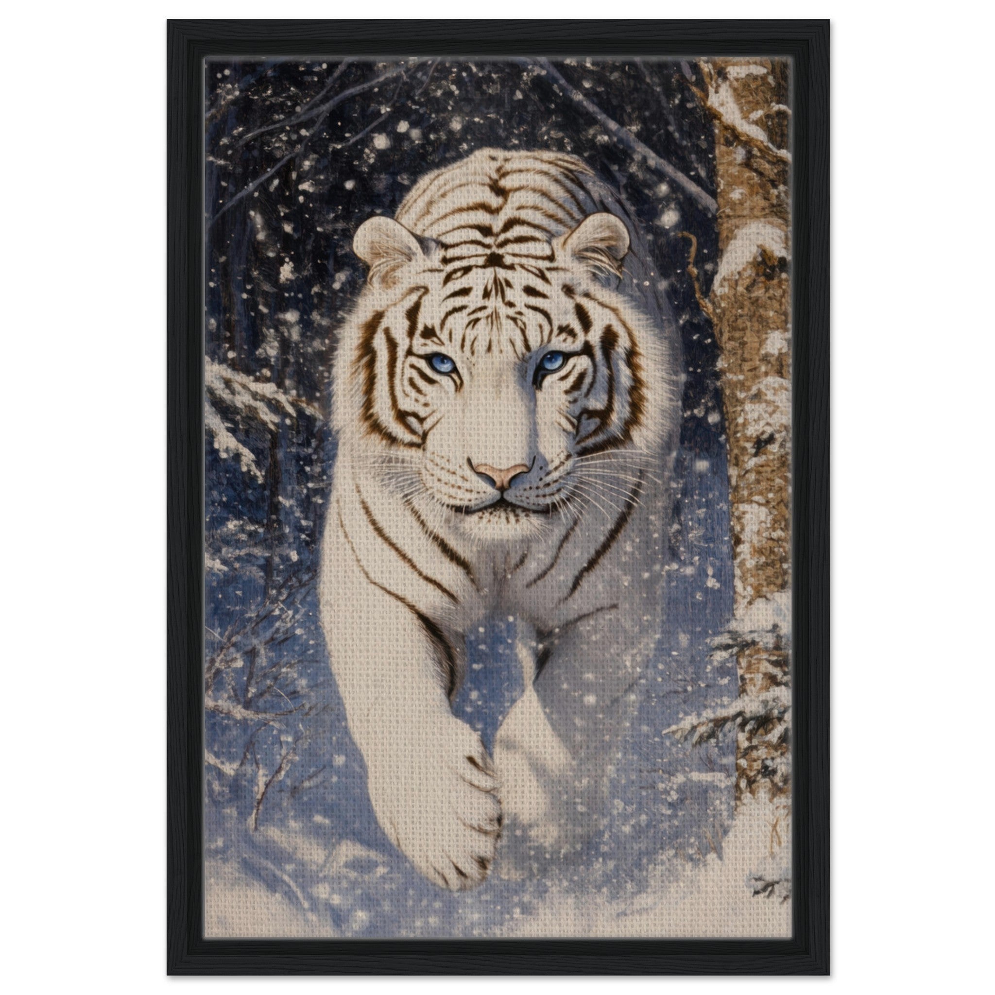Framed Canvas Portrait - Majestic White Tiger in a Snowy Forest A powerful - Shop Ai Art WebShop - Digital Art online Store