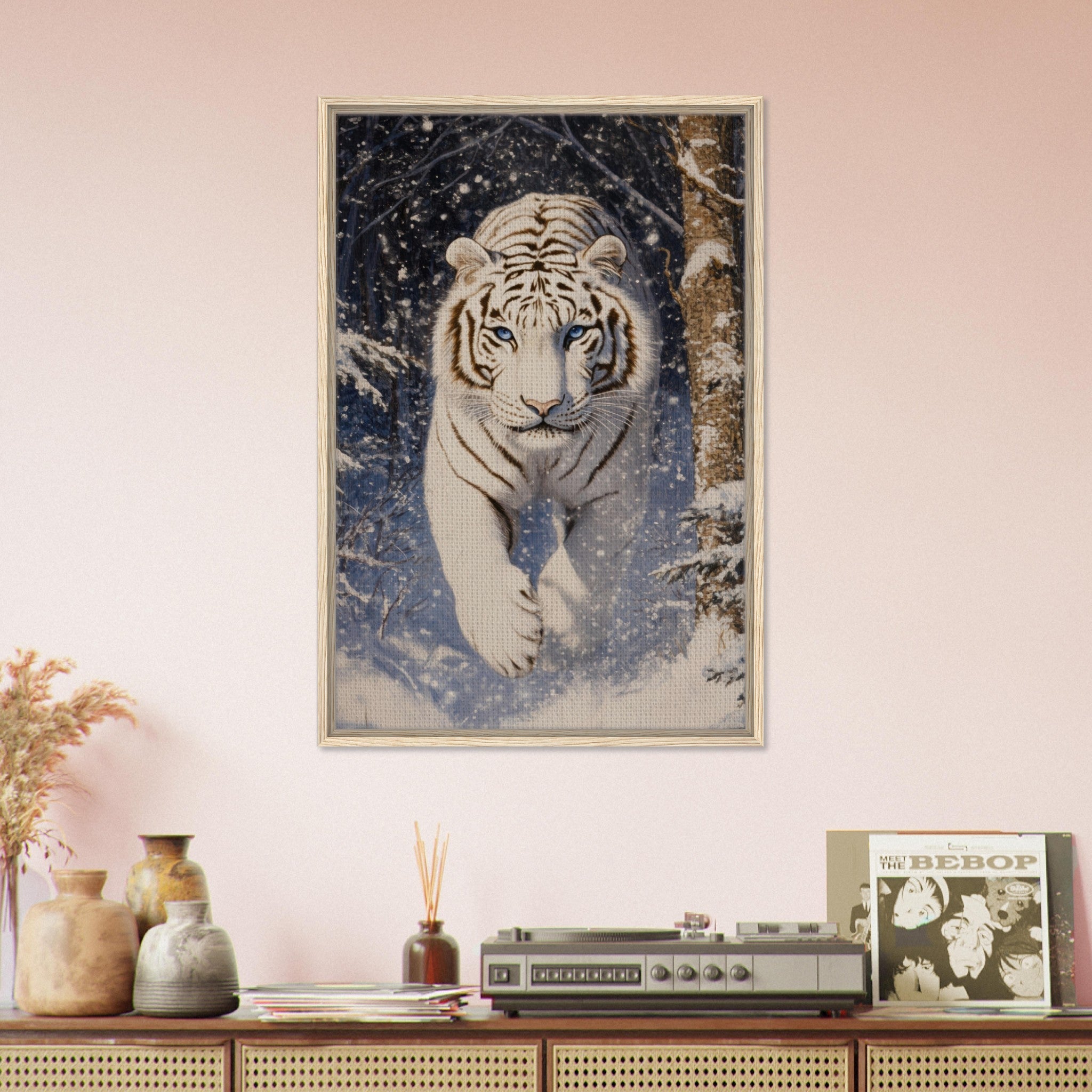 Framed Canvas Portrait - Majestic White Tiger in a Snowy Forest A powerful - Shop Ai Art WebShop - Digital Art online Store