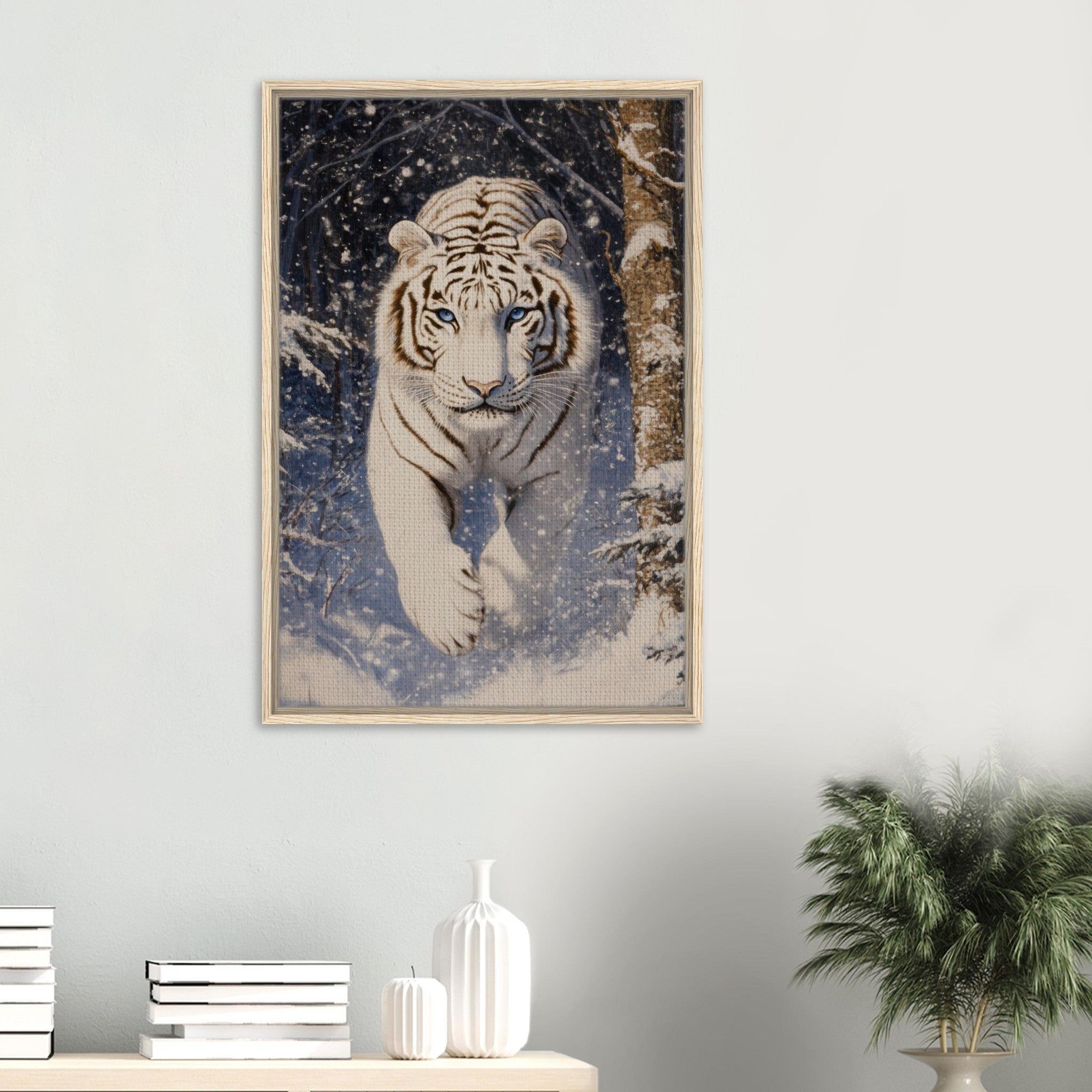Framed Canvas Portrait - Majestic White Tiger in a Snowy Forest A powerful - Shop Ai Art WebShop - Digital Art online Store