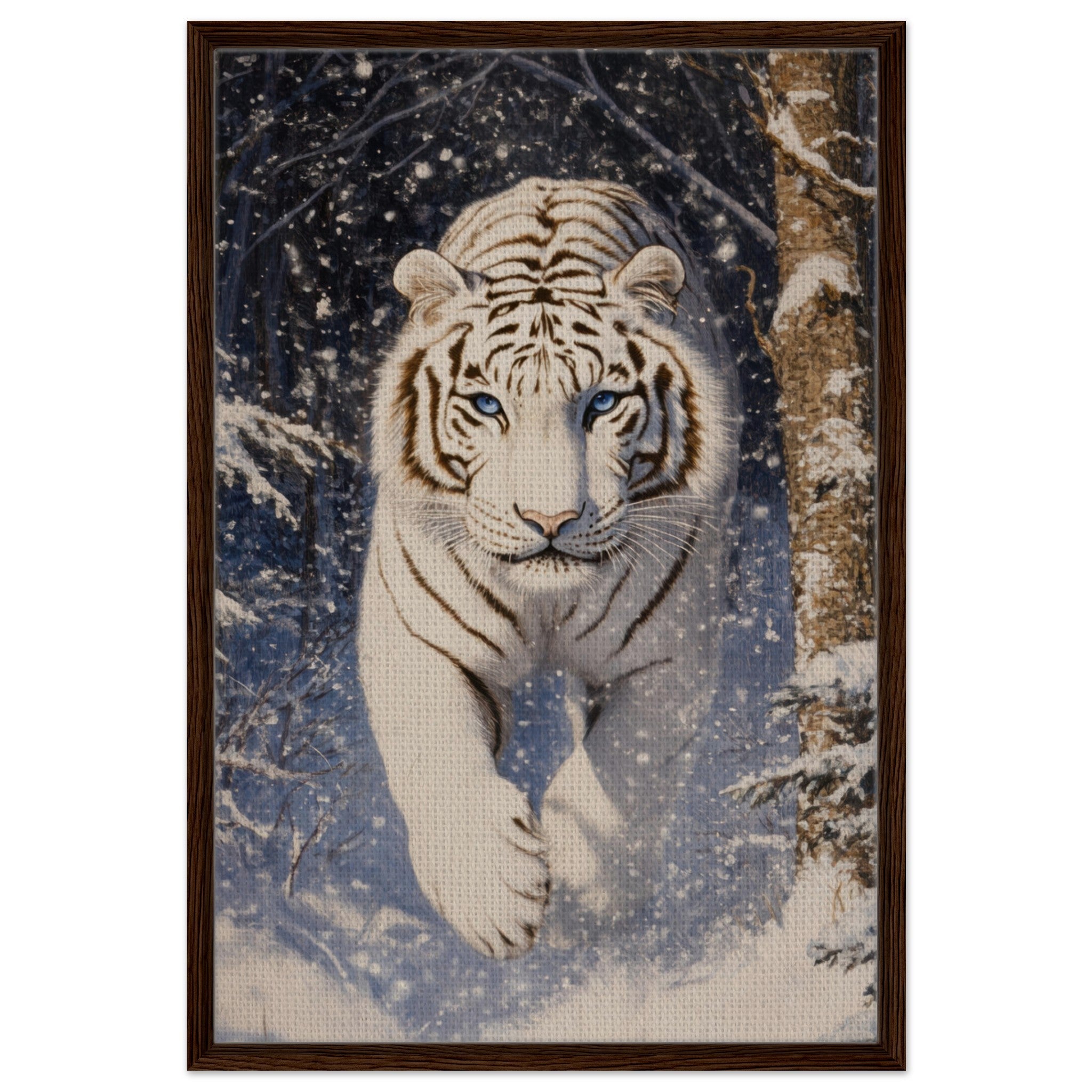 Framed Canvas Portrait - Majestic White Tiger in a Snowy Forest A powerful - Shop Ai Art WebShop - Digital Art online Store