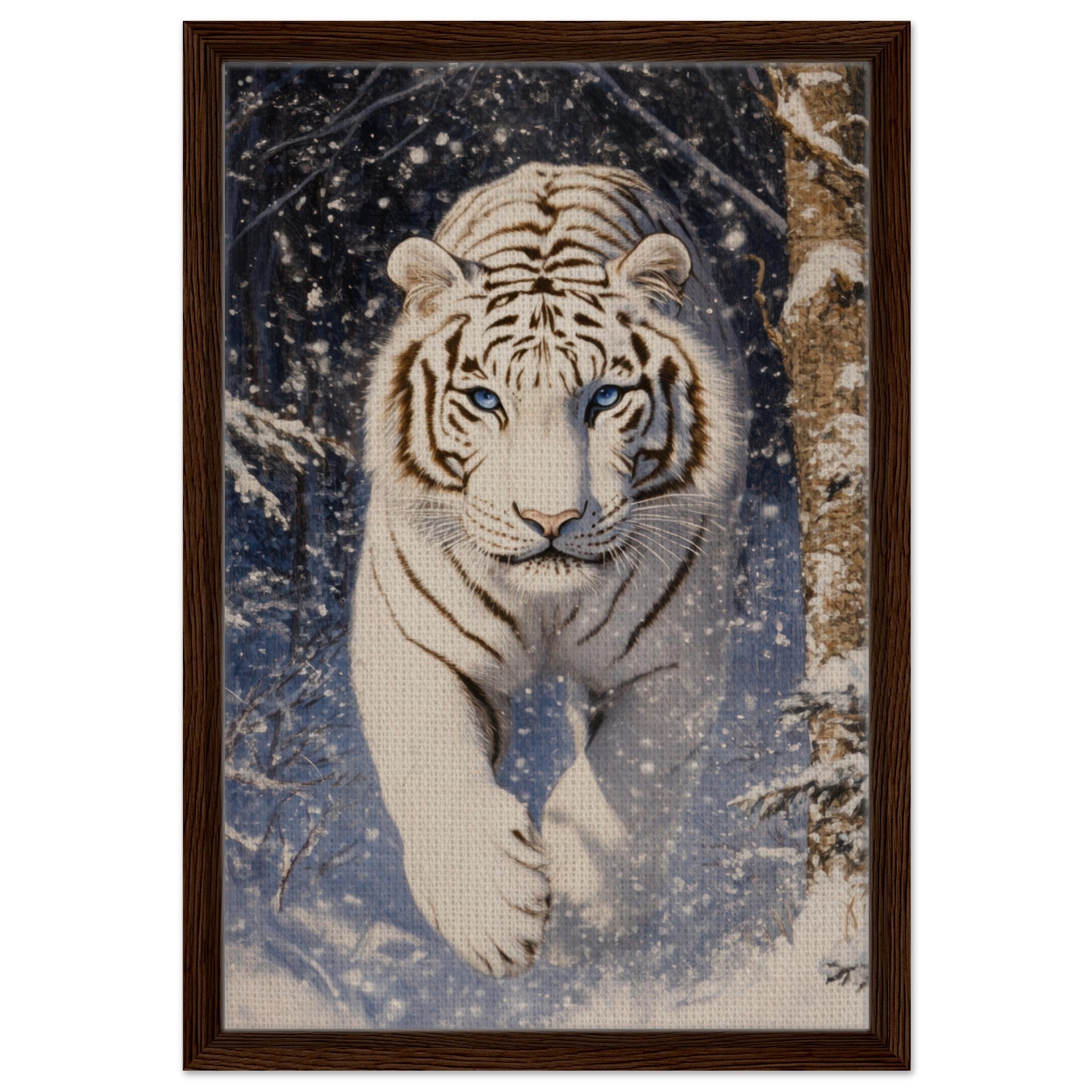 Framed Canvas Portrait - Majestic White Tiger in a Snowy Forest A powerful - Shop Ai Art WebShop - Digital Art online Store