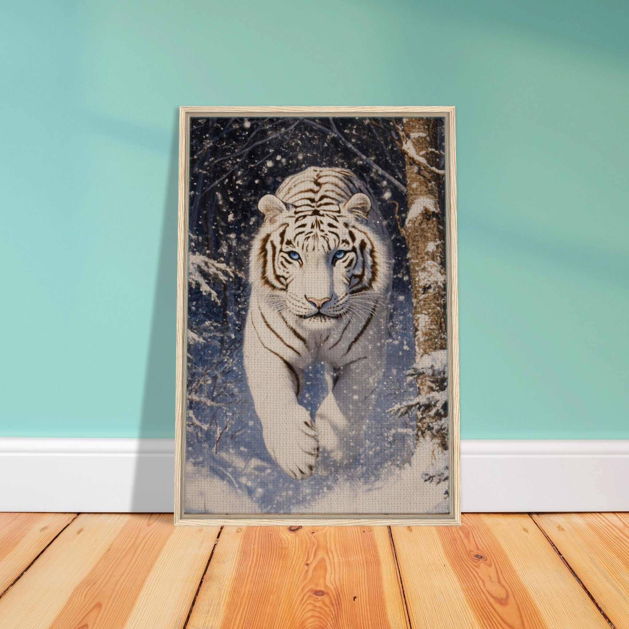 Framed Canvas Portrait - Majestic White Tiger in a Snowy Forest A powerful - Shop Ai Art WebShop - Digital Art online Store