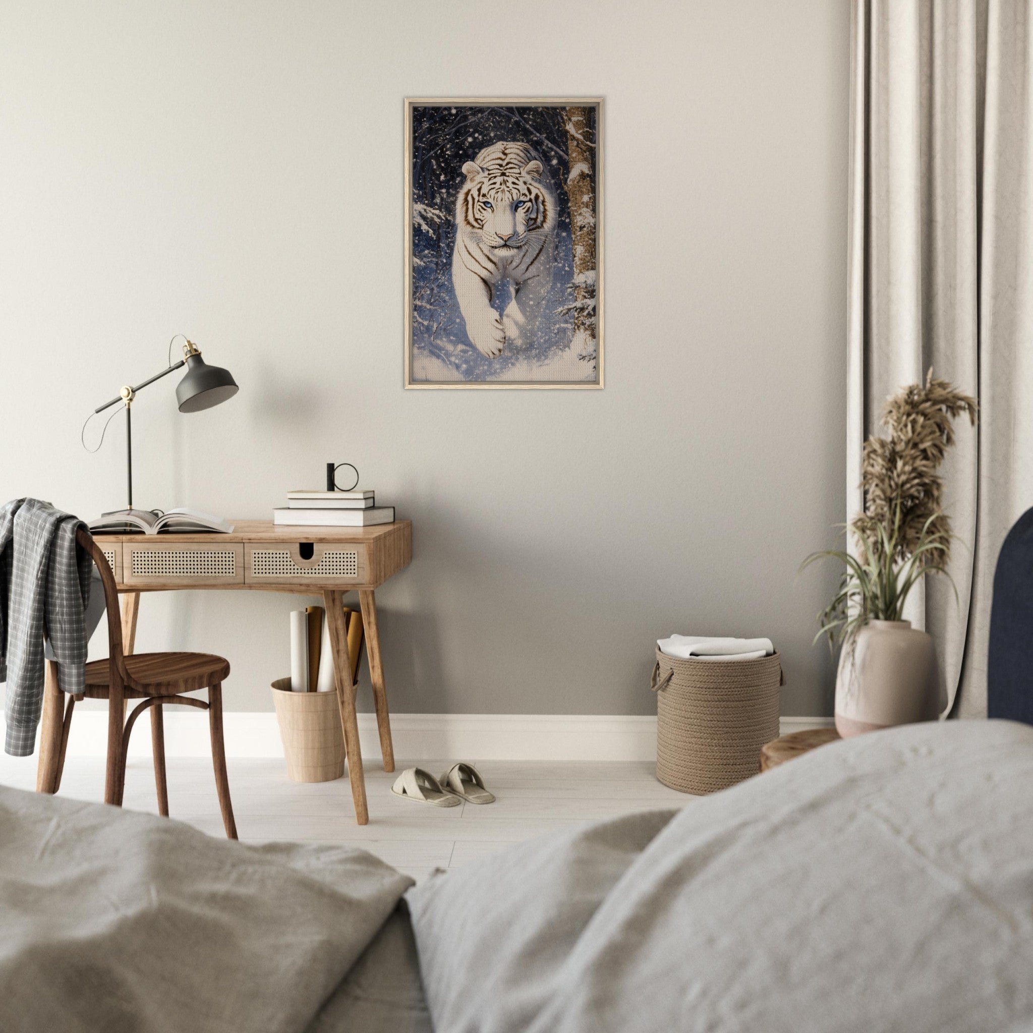 Framed Canvas Portrait - Majestic White Tiger in a Snowy Forest A powerful - Shop Ai Art WebShop - Digital Art online Store