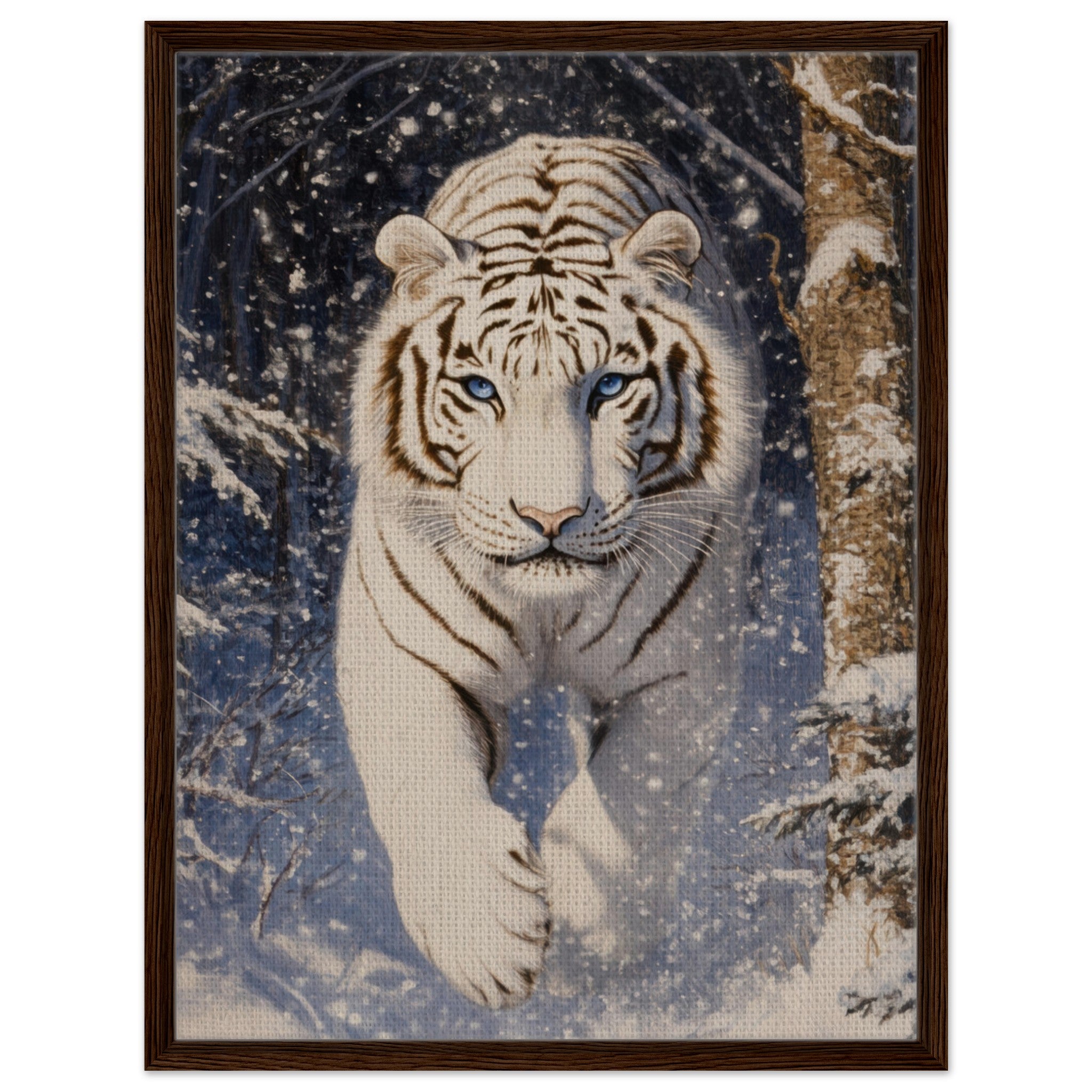 Framed Canvas Portrait - Majestic White Tiger in a Snowy Forest A powerful - Shop Ai Art WebShop - Digital Art online Store