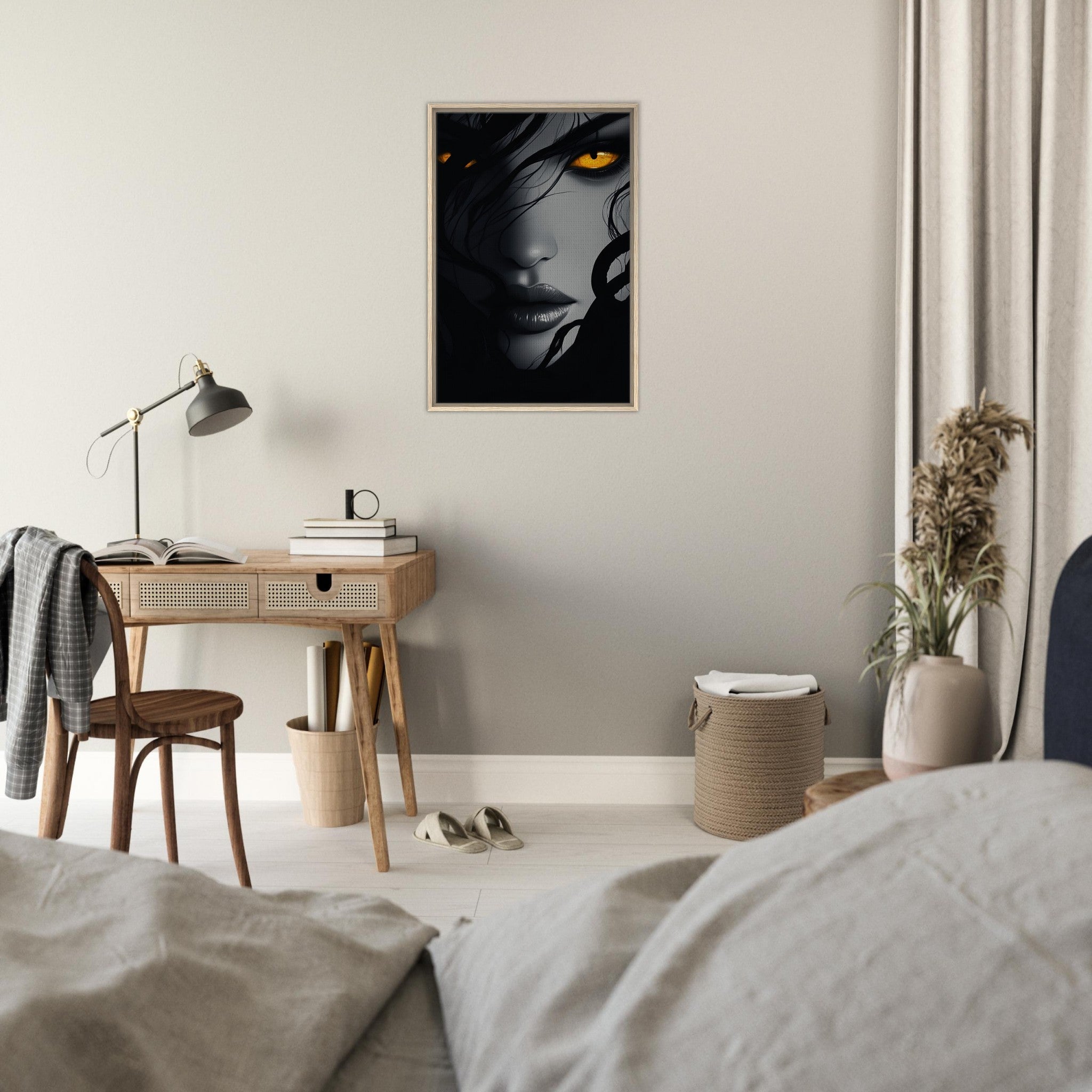 Framed Canvas Portrait - Minimalist Medusas Gaze Minimalism Tight - Focus 2 - Shop Ai Art WebShop - Digital Art online Store