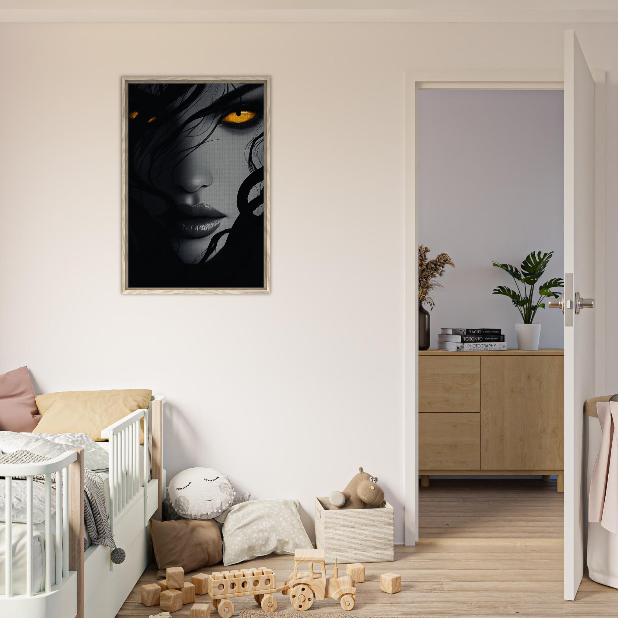 Framed Canvas Portrait - Minimalist Medusas Gaze Minimalism Tight - Focus 2 - Shop Ai Art WebShop - Digital Art online Store