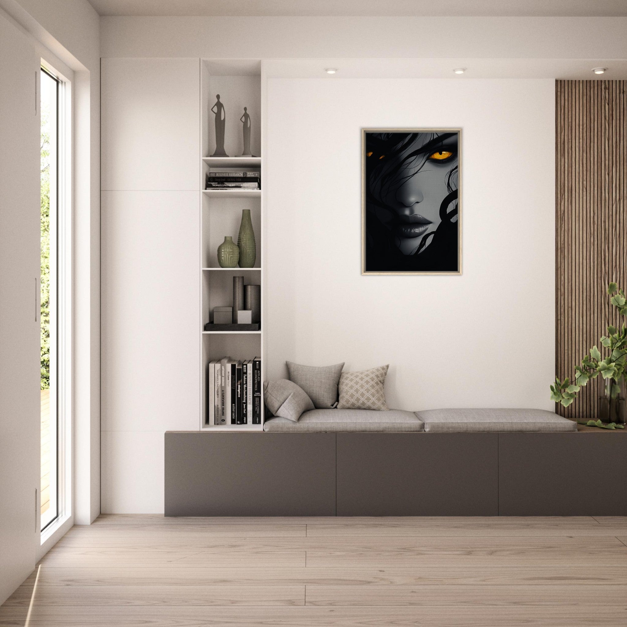 Framed Canvas Portrait - Minimalist Medusas Gaze Minimalism Tight - Focus 2 - Shop Ai Art WebShop - Digital Art online Store